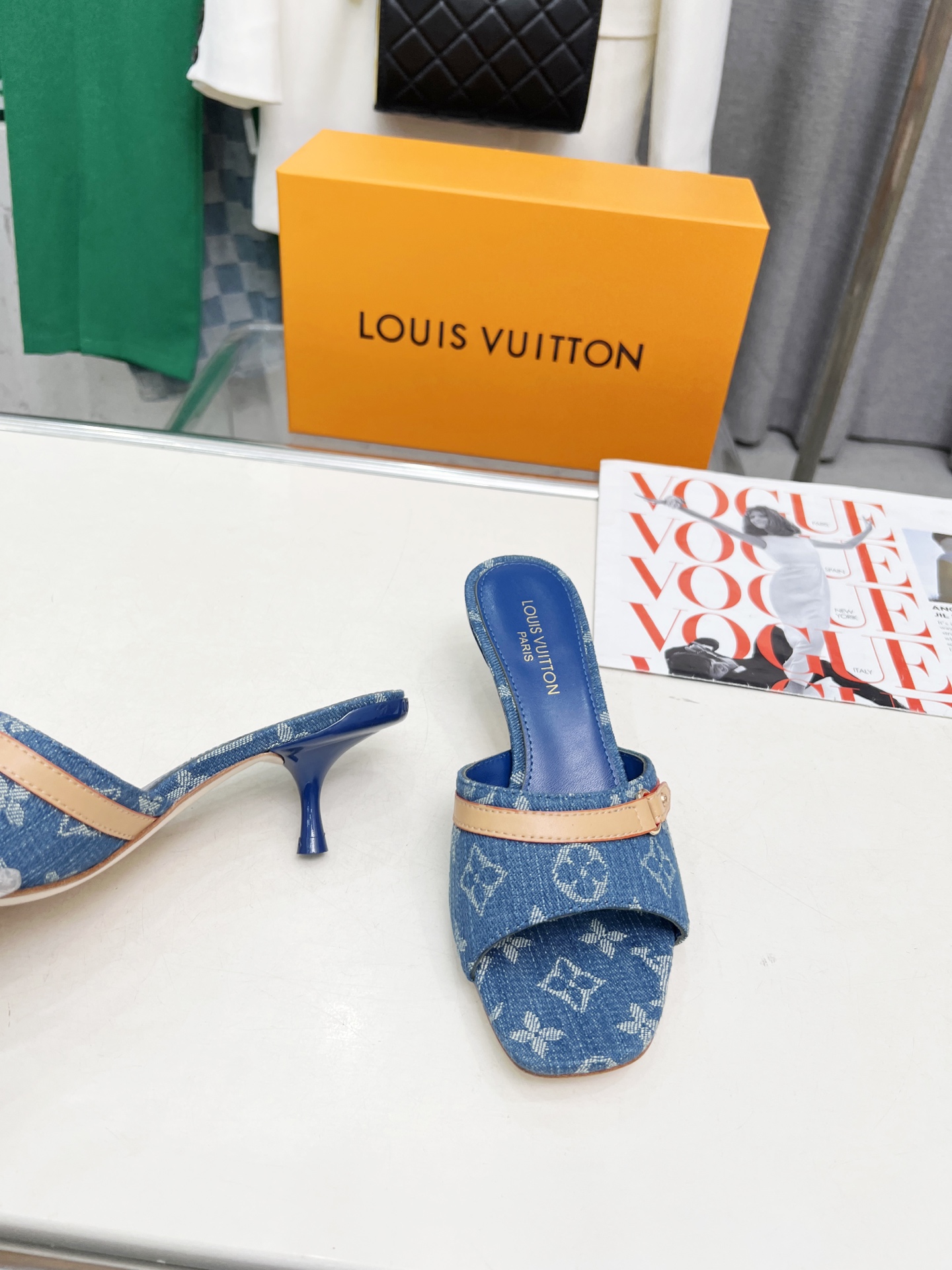 L style Denim kitten heel slides5.5cm