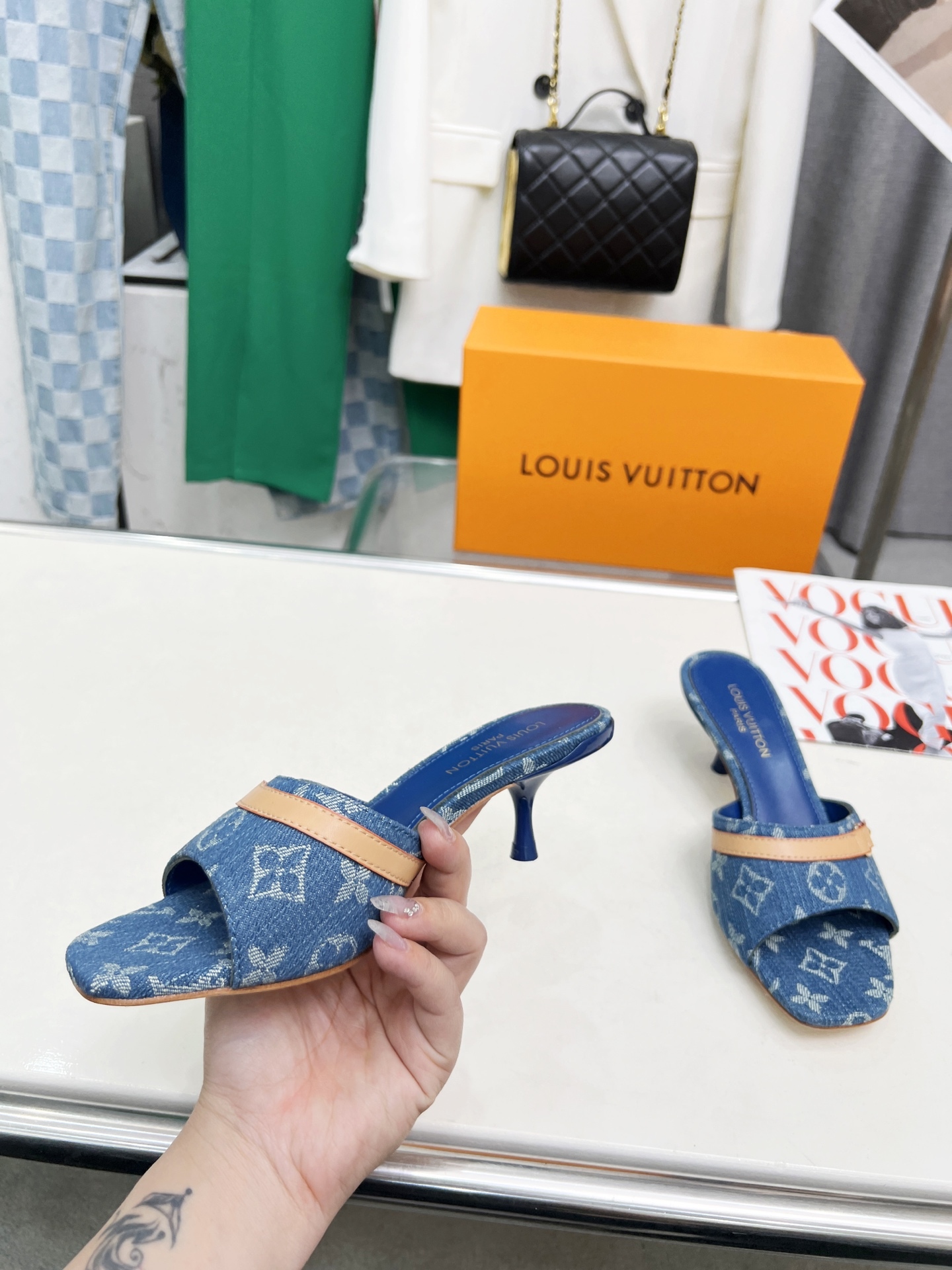 L style Denim kitten heel slides5.5cm