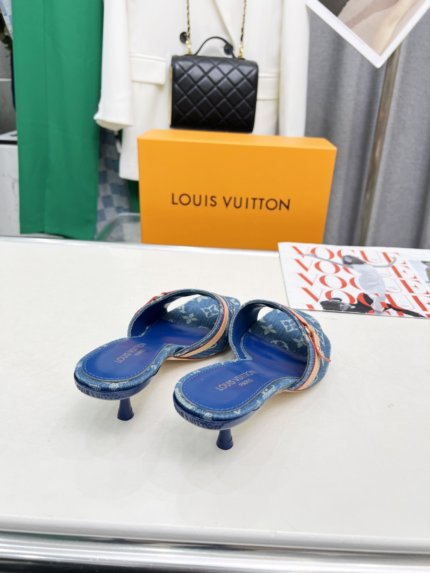 L style Denim kitten heel slides5.5cm