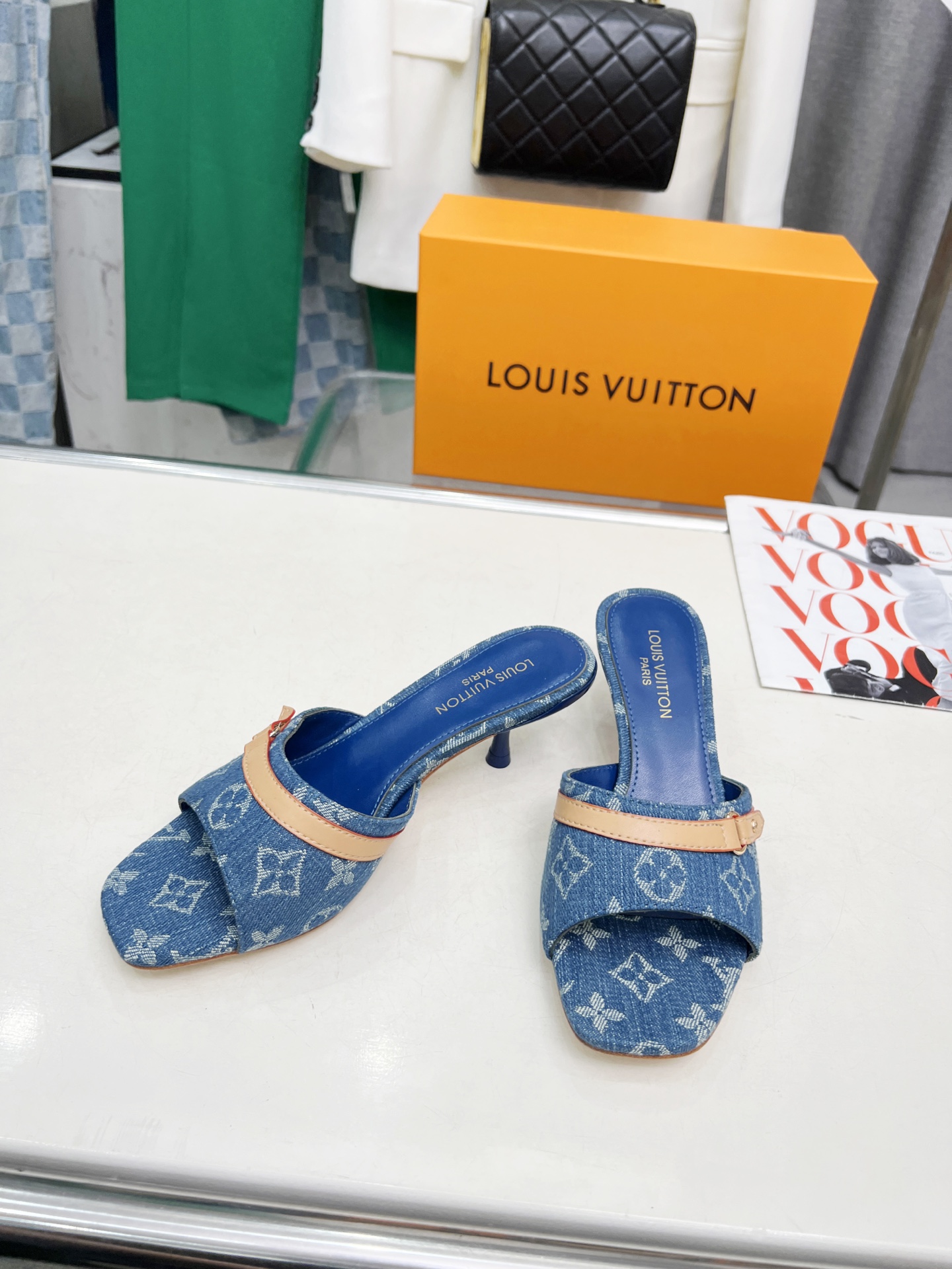 L style Denim kitten heel slides5.5cm