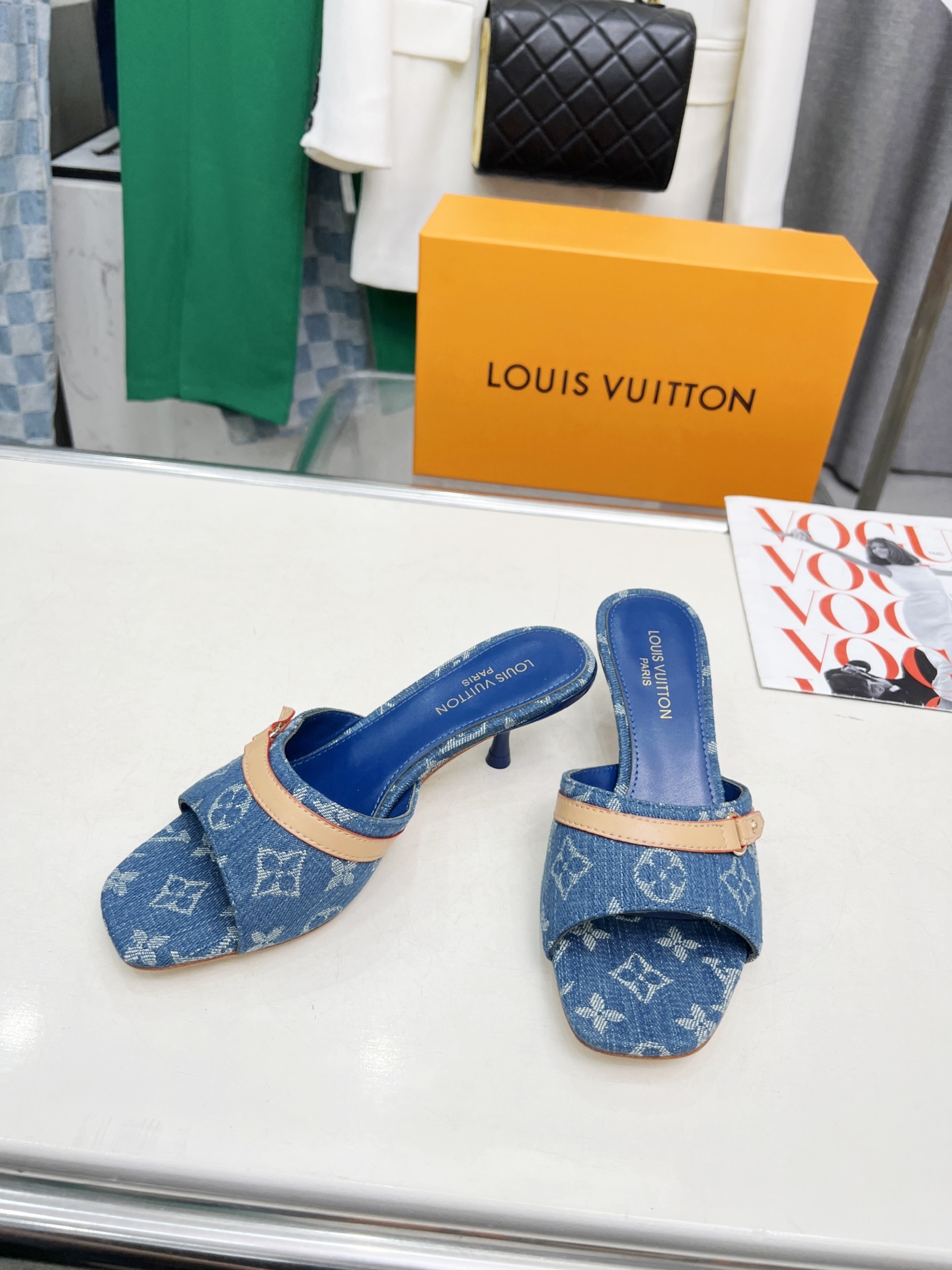 L style Denim kitten heel slides5.5cm