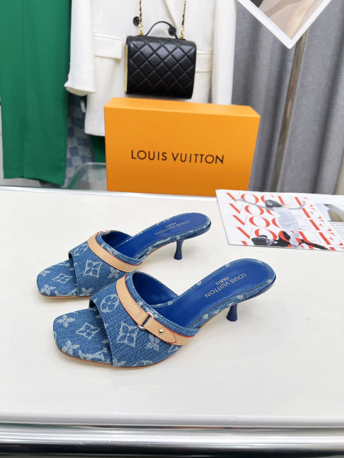 L style Denim kitten heel slides5.5cm