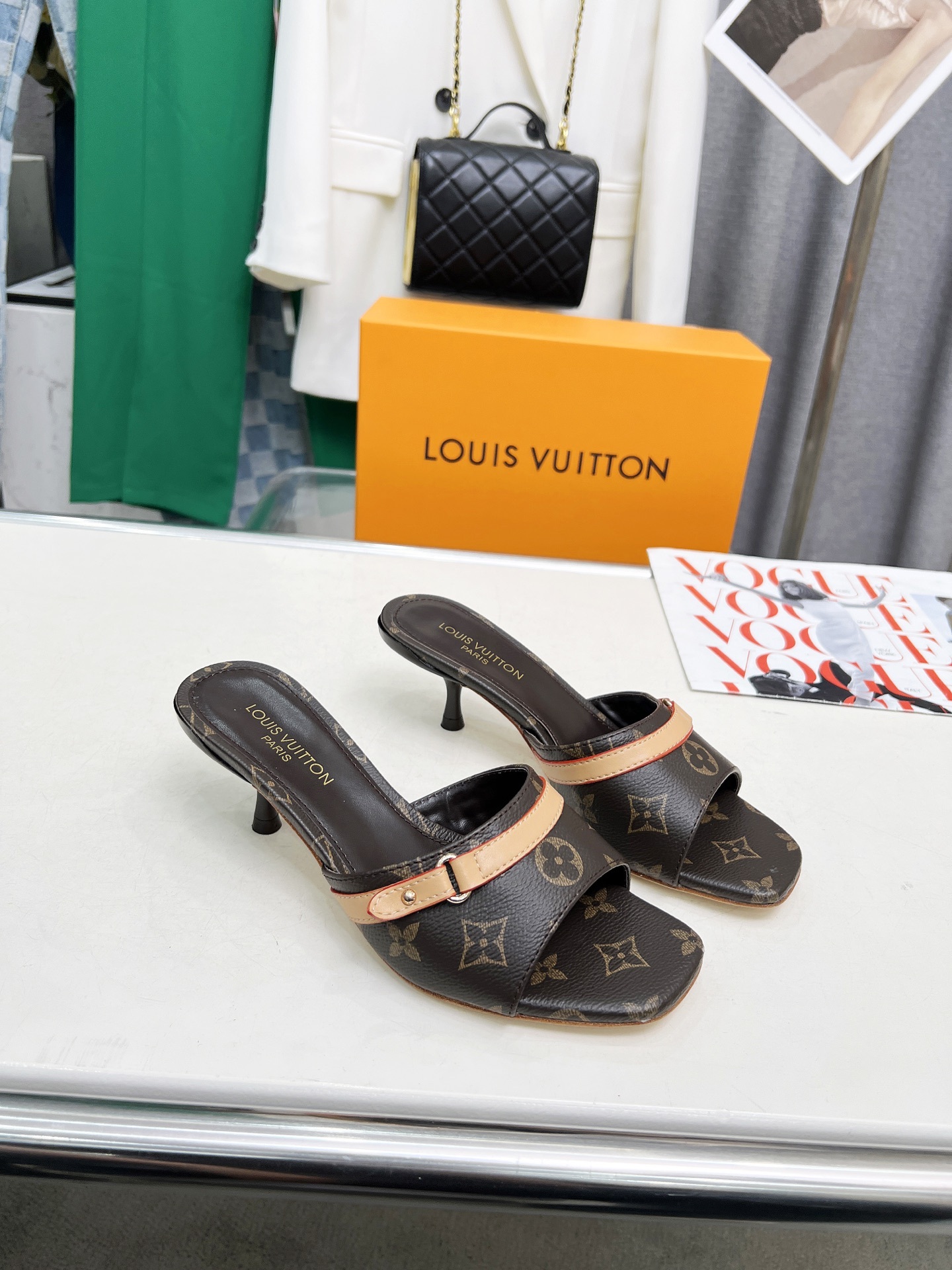 L style Denim kitten heel slides5.5cm