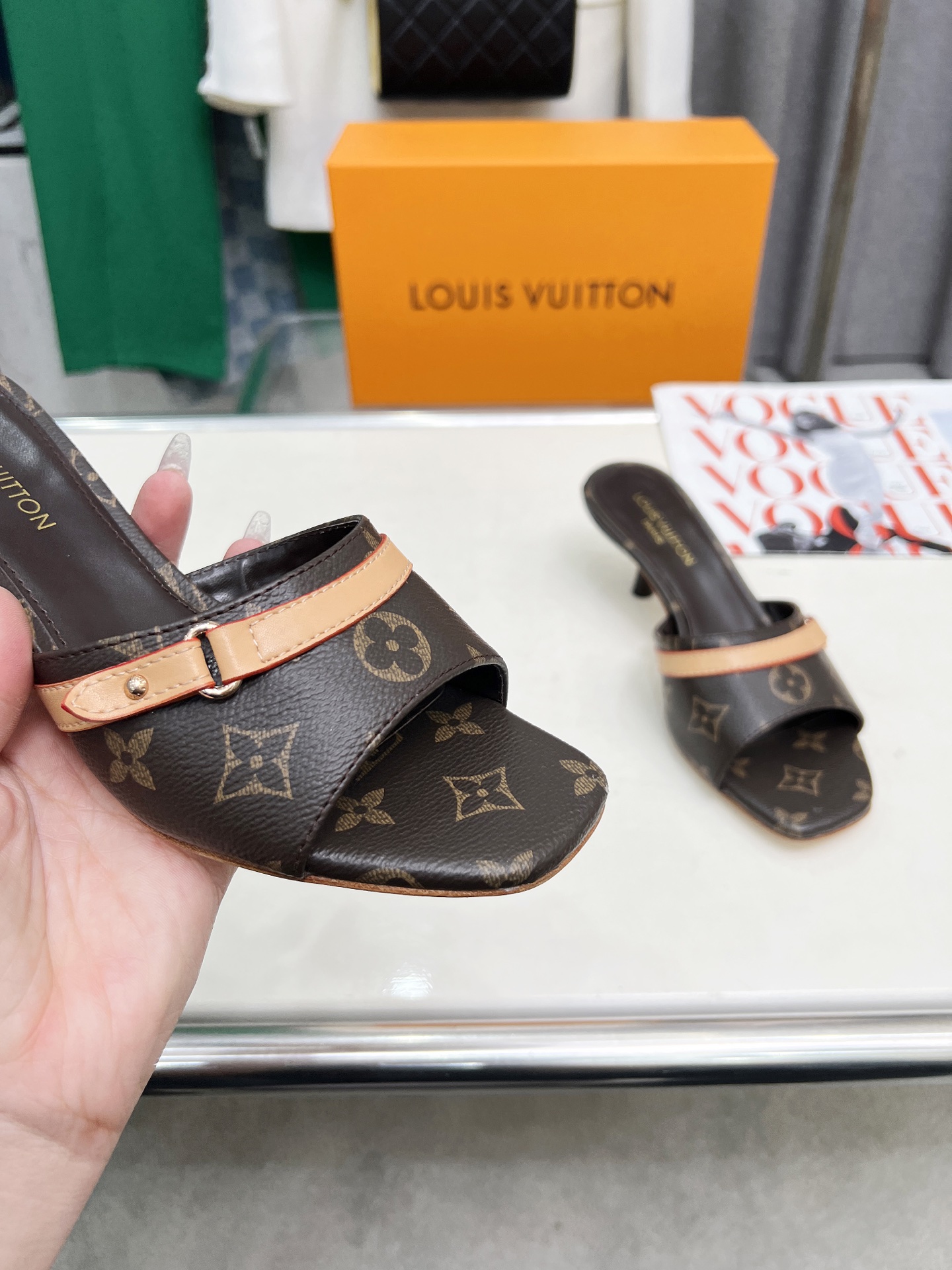 L style Denim kitten heel slides5.5cm