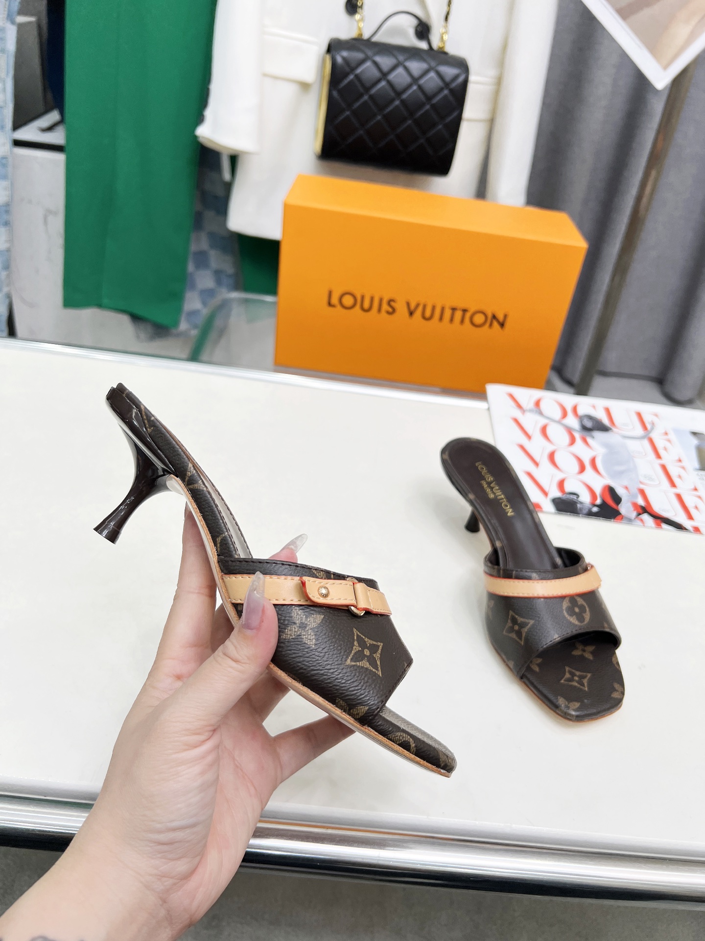 L style Denim kitten heel slides5.5cm