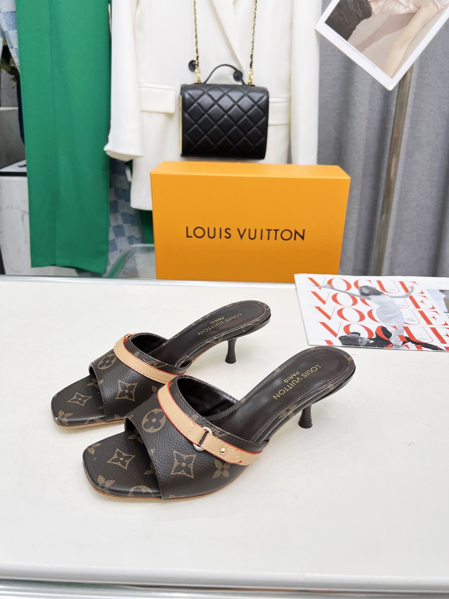 L style Denim kitten heel slides5.5cm