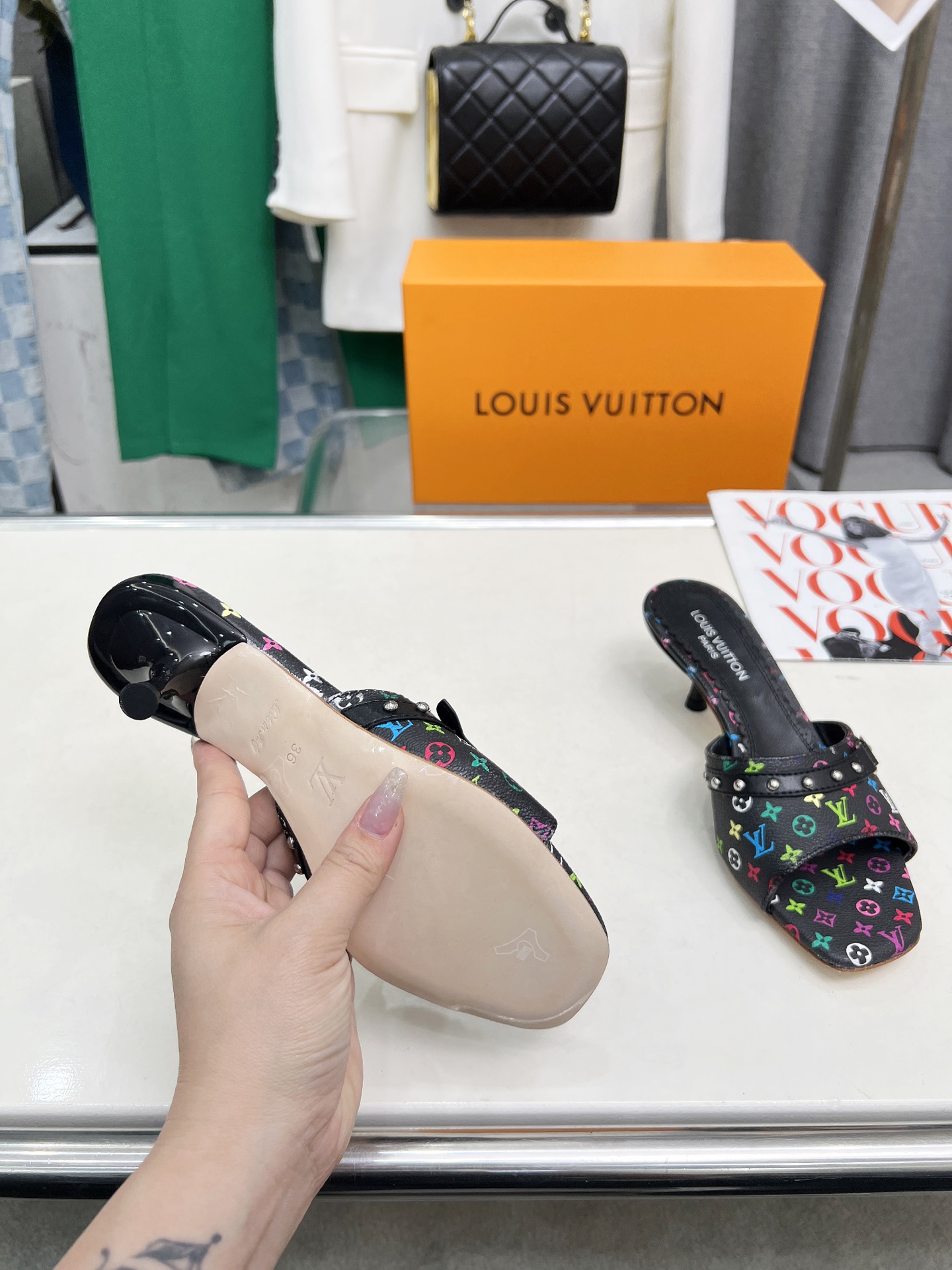 L style Denim kitten heel slides5.5cm