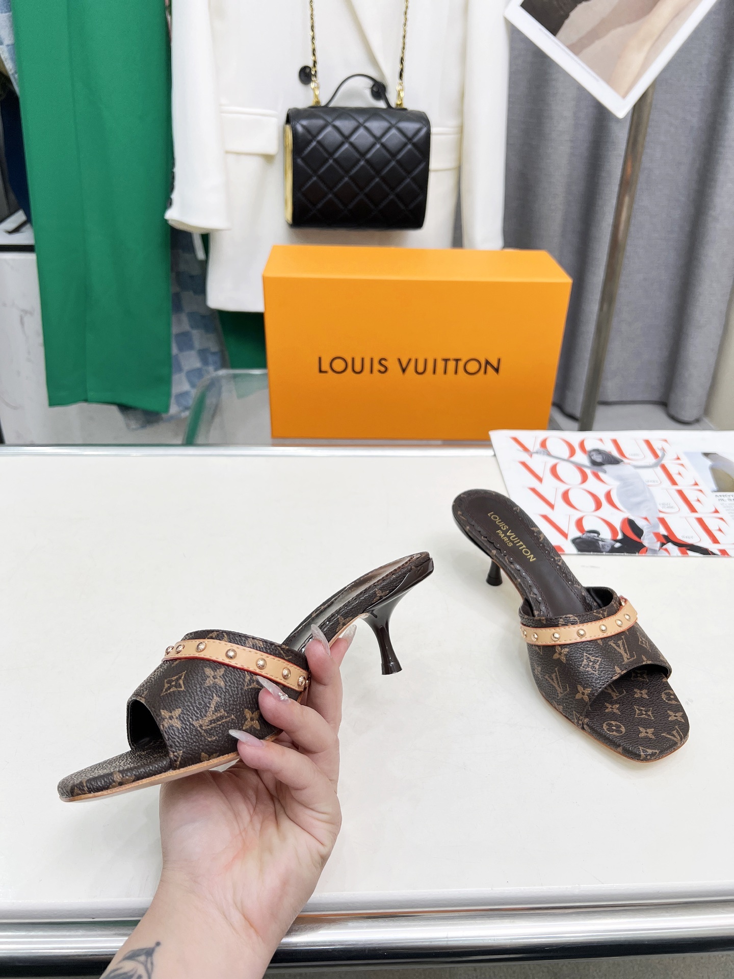 L style Denim kitten heel slides5.5cm