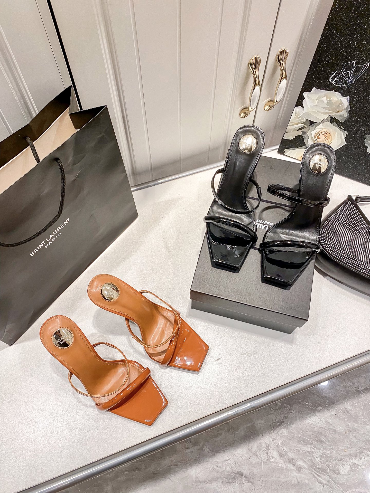 Y style Letter heel square toe high heel sandals