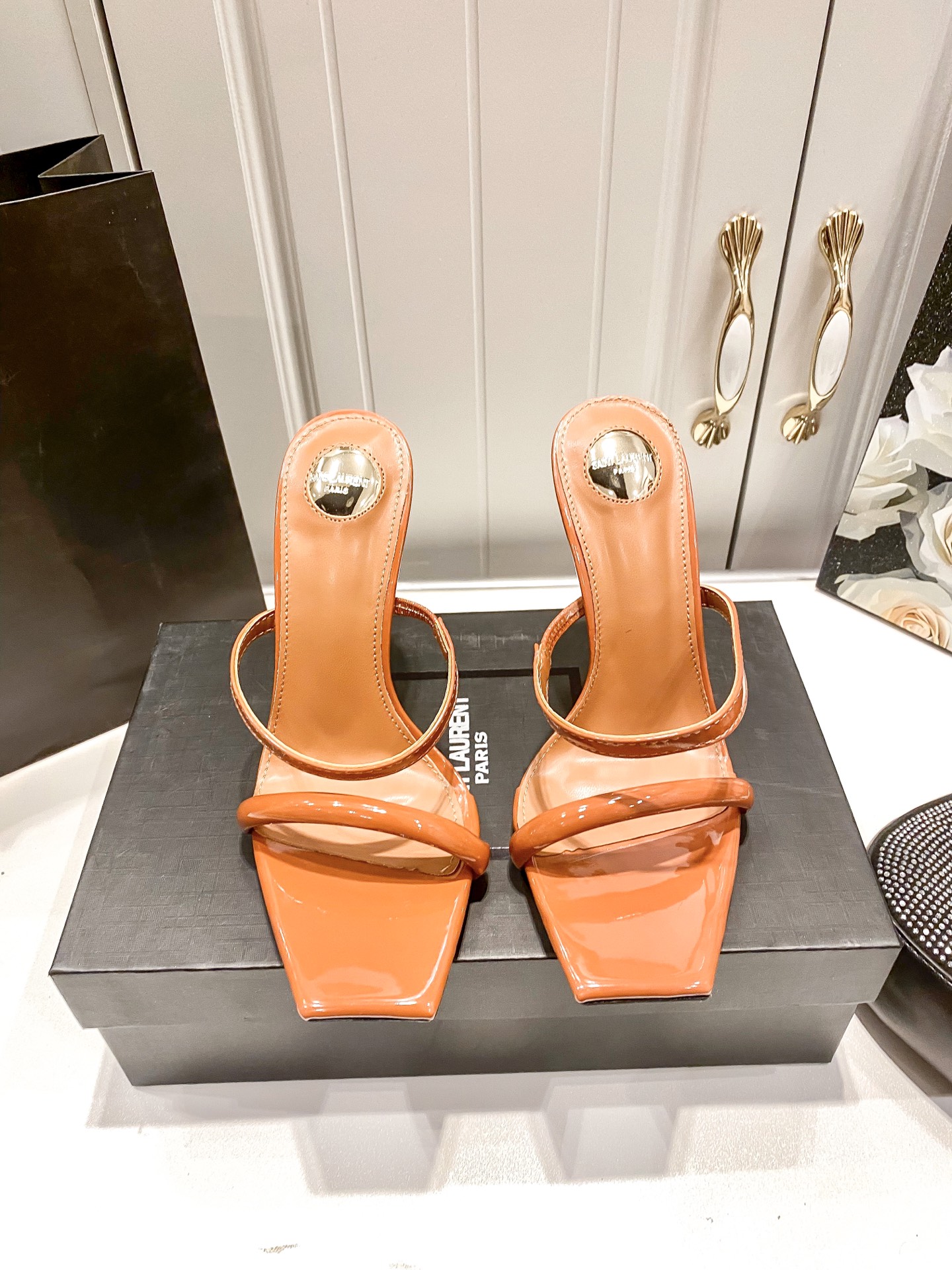 Y style Letter heel square toe high heel sandals