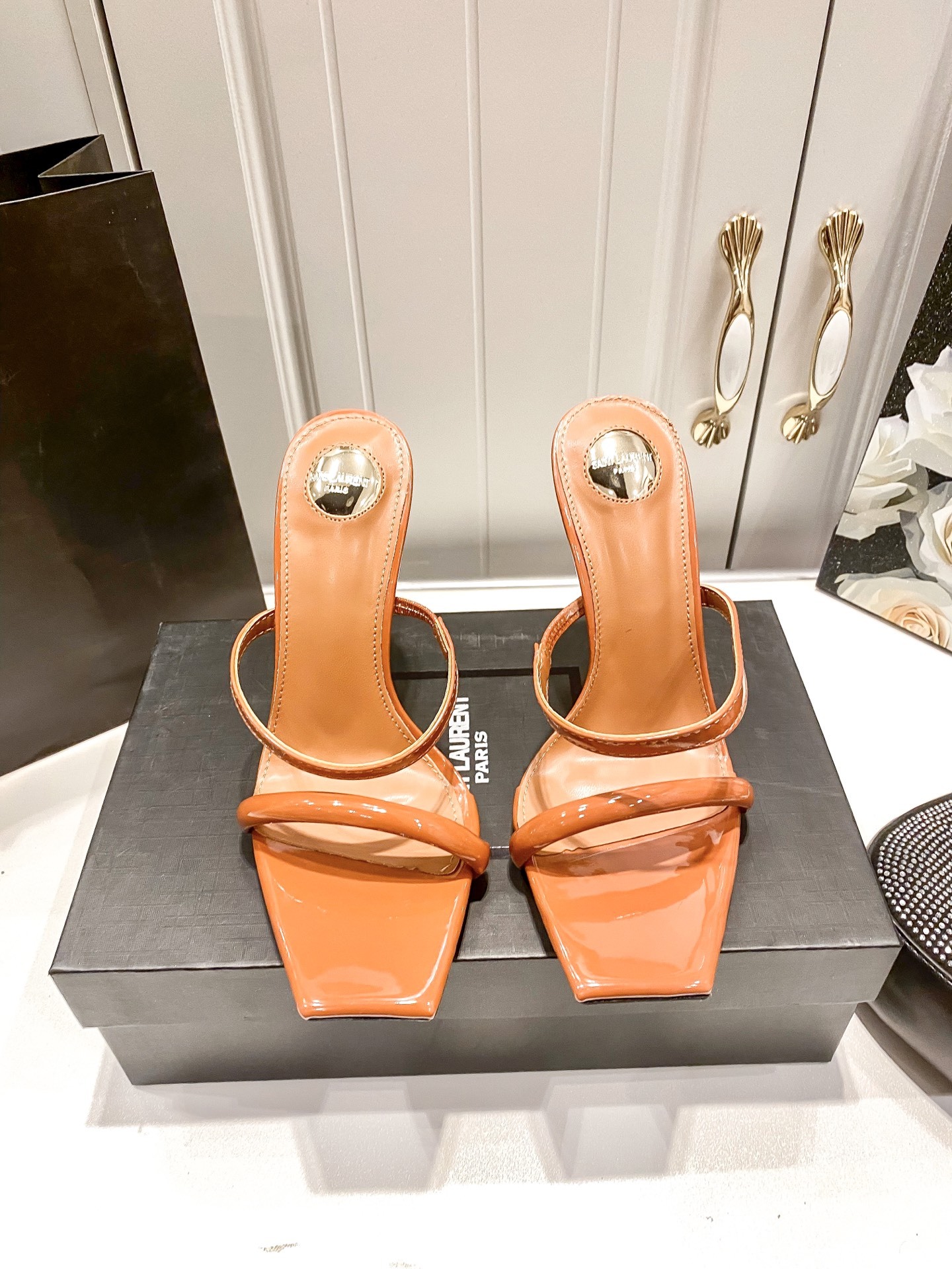 Y style Letter heel square toe high heel sandals