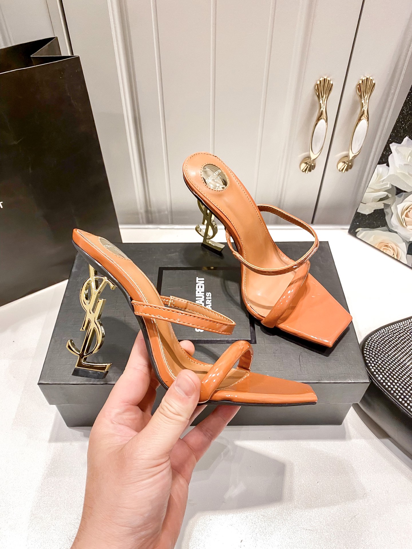 Y style Letter heel square toe high heel sandals