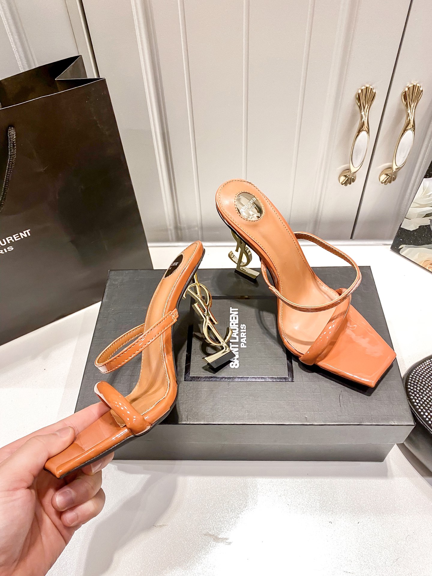 Y style Letter heel square toe high heel sandals