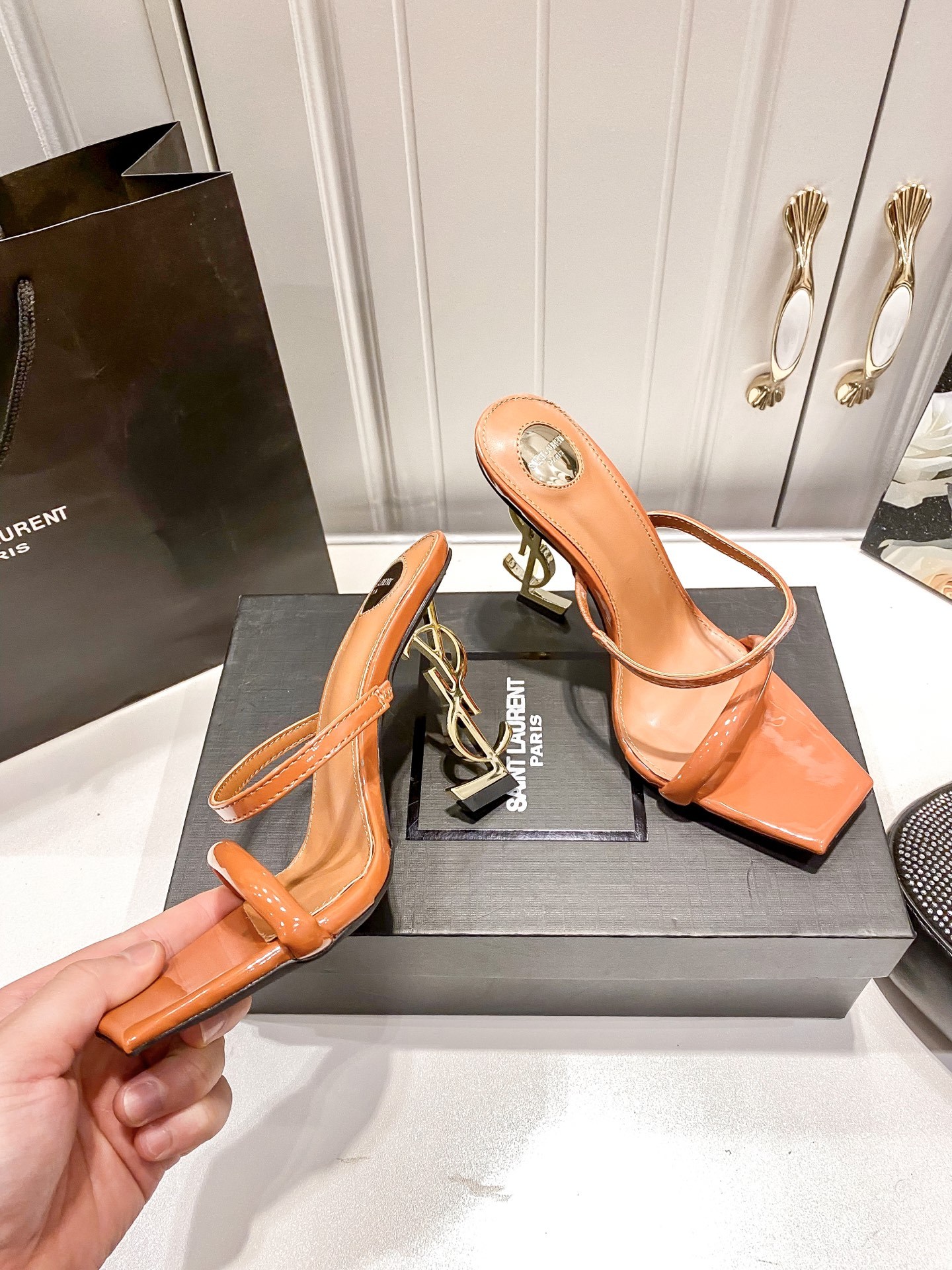 Y style Letter heel square toe high heel sandals