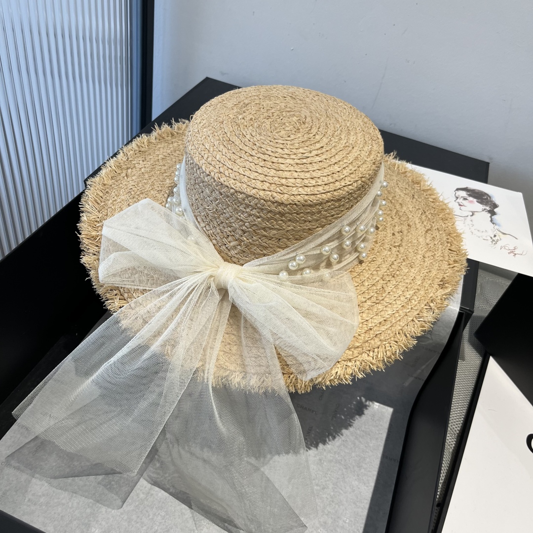 C style Raffia flat hat with pearl bow head circumference 57cm