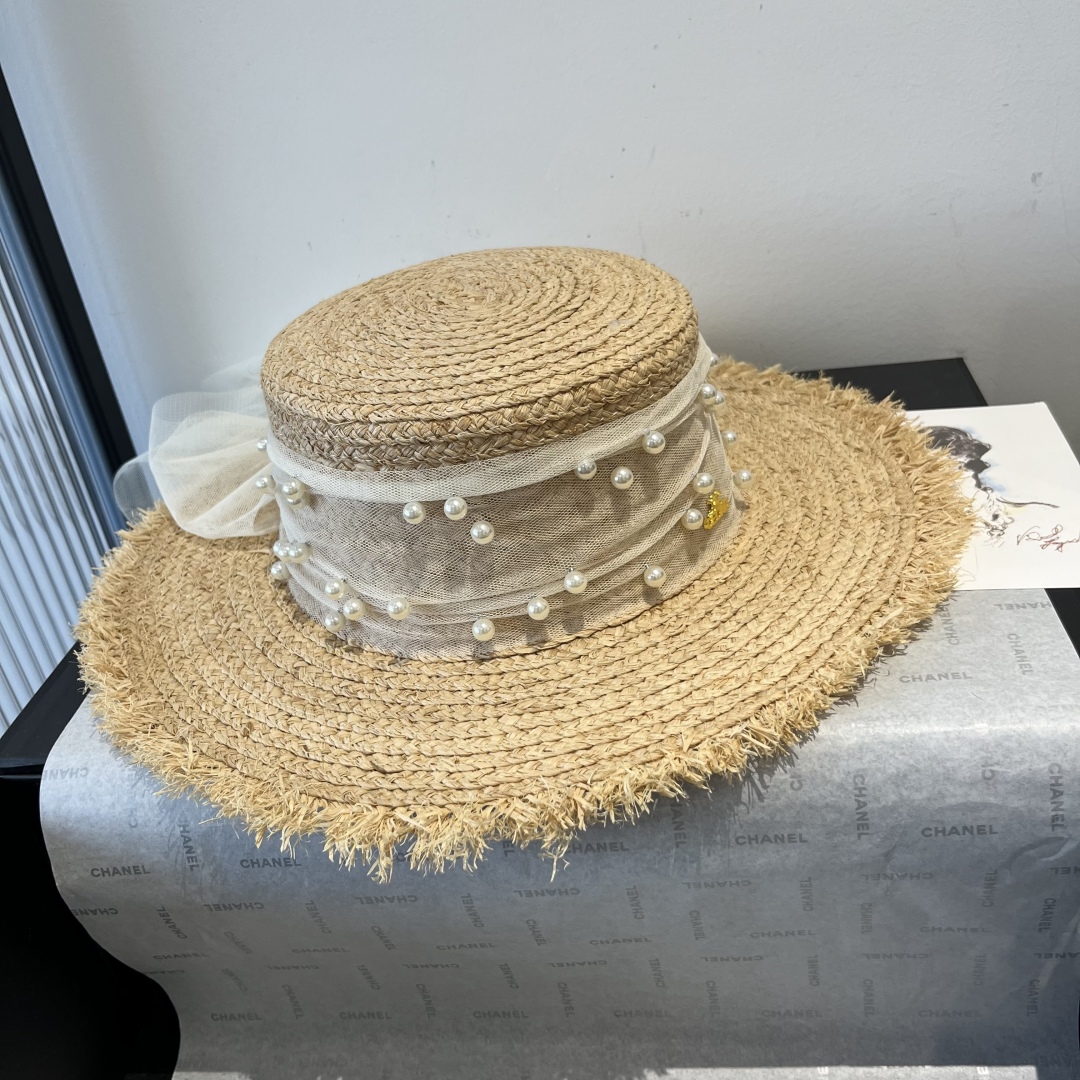 C style Raffia flat hat with pearl bow head circumference 57cm