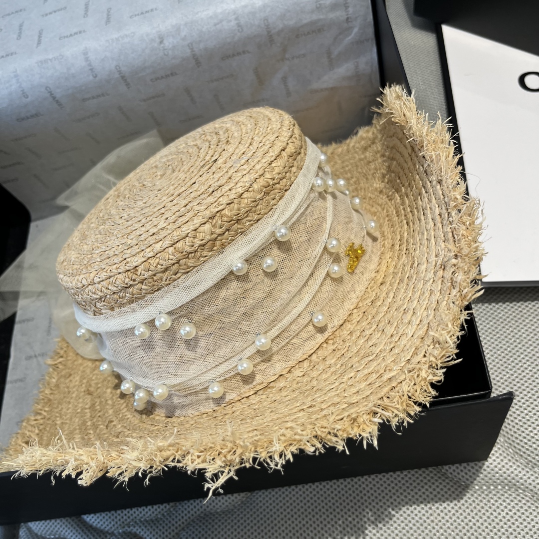 C style Raffia flat hat with pearl bow head circumference 57cm
