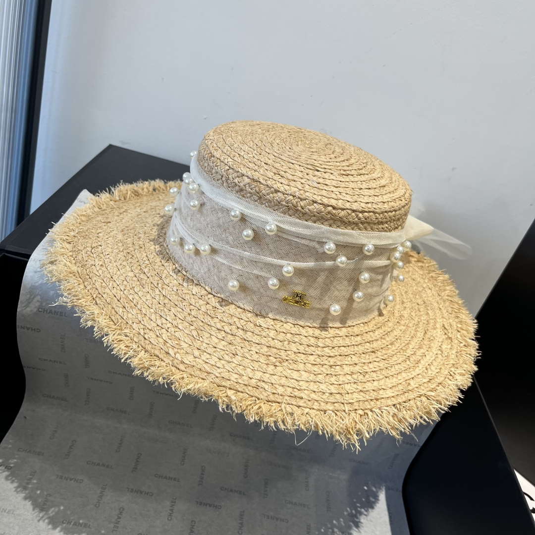 C style Raffia flat hat with pearl bow head circumference 57cm