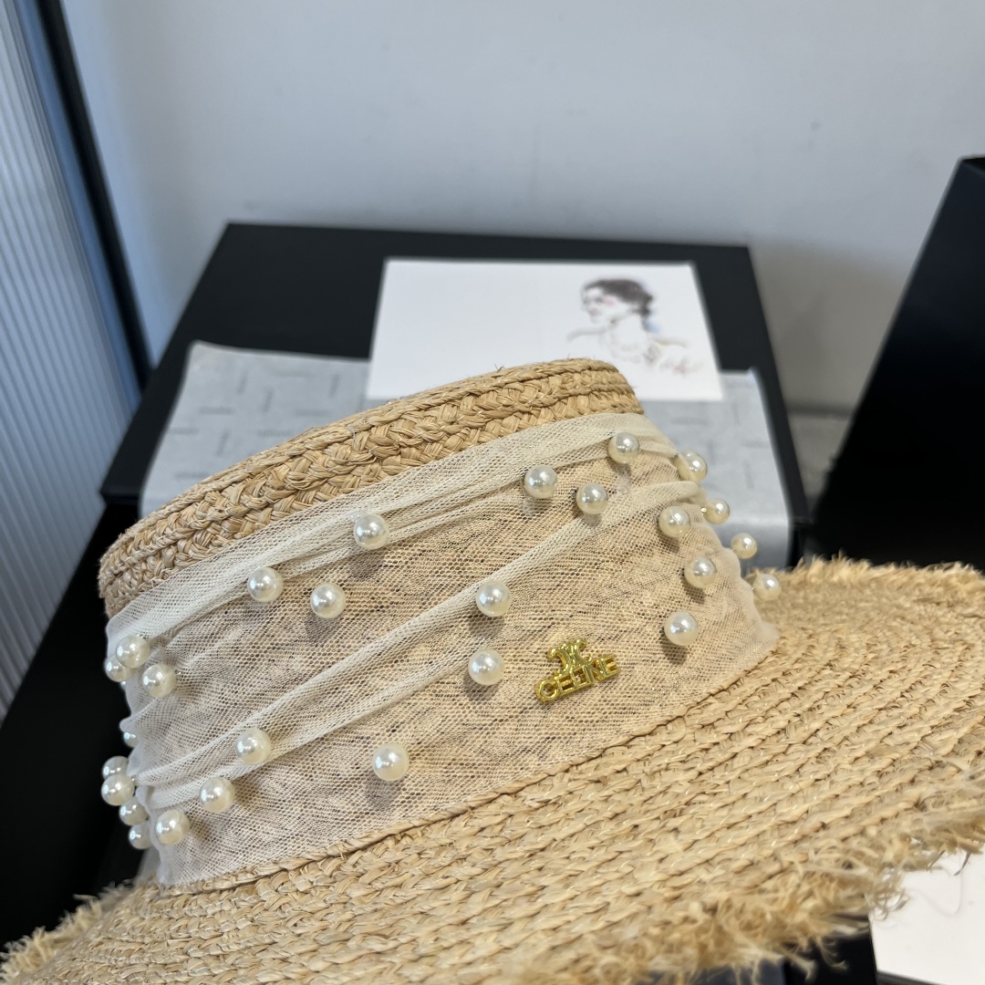 C style Raffia flat hat with pearl bow head circumference 57cm