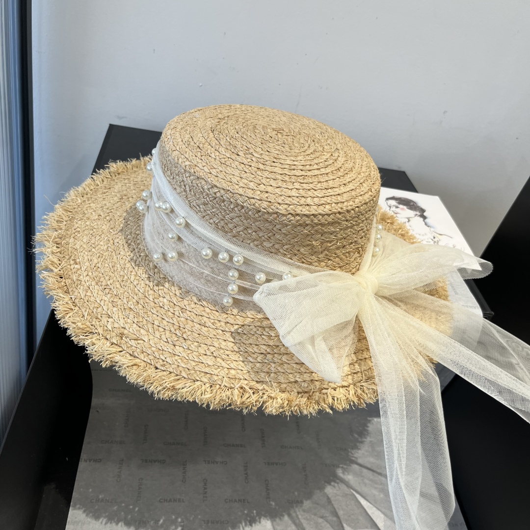 C style Raffia flat hat with pearl bow head circumference 57cm