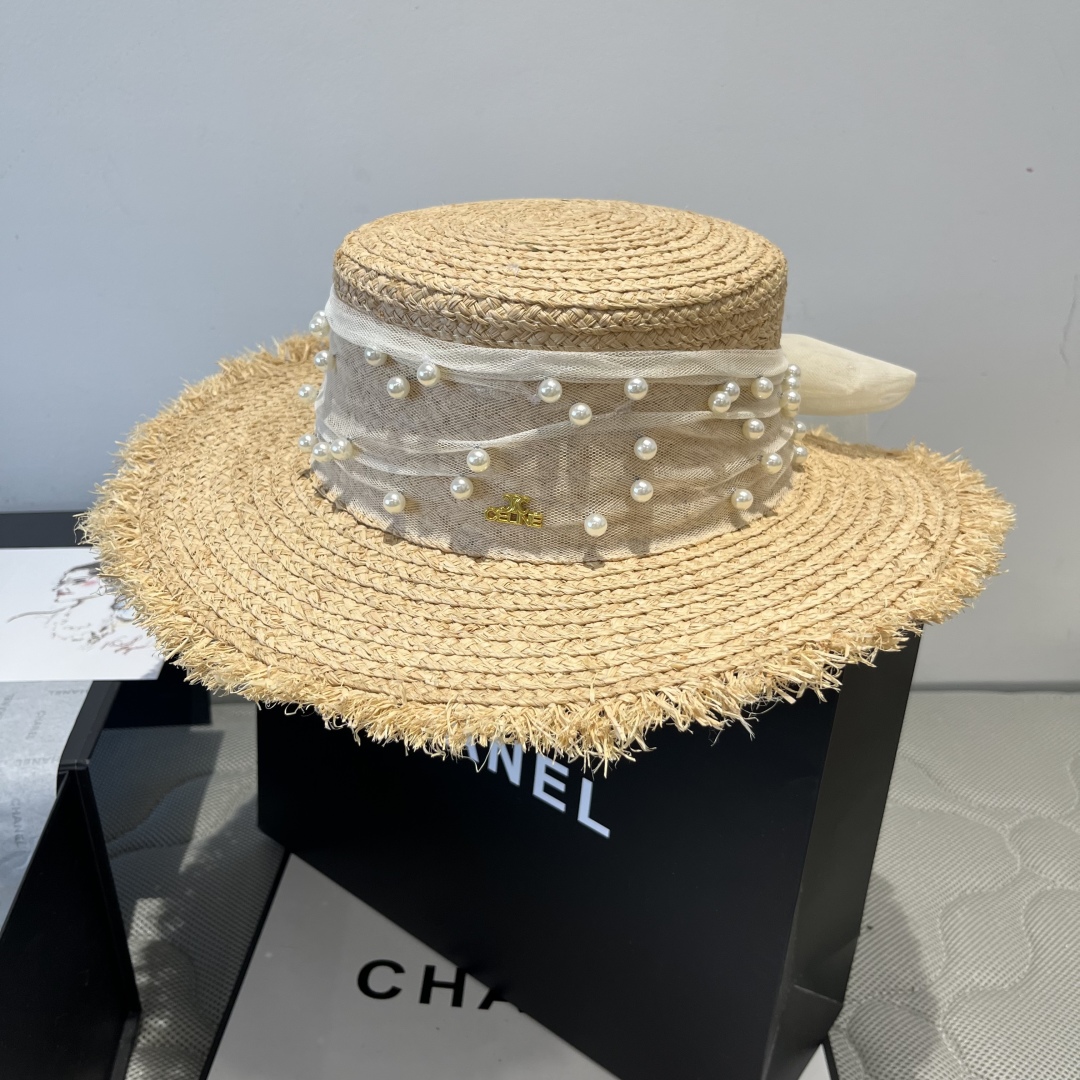 C style Raffia flat hat with pearl bow head circumference 57cm