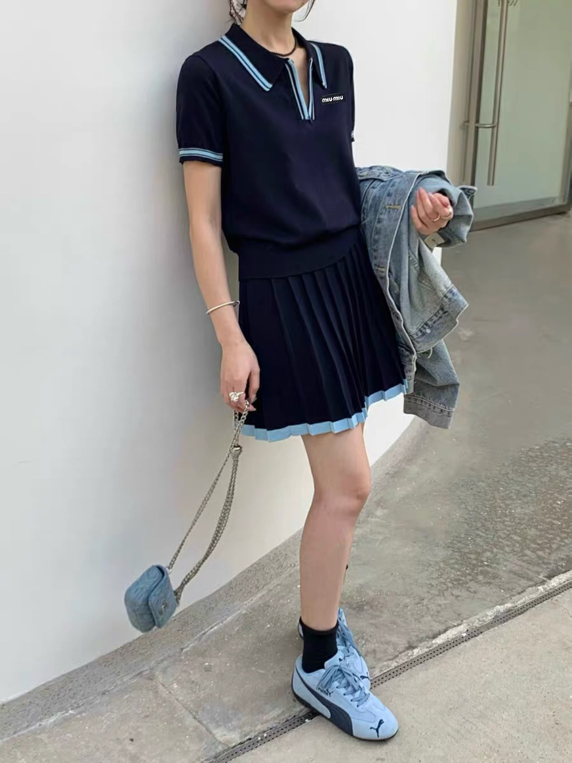 M style Small V collar knitted short sleeve + skirt two-piece suit