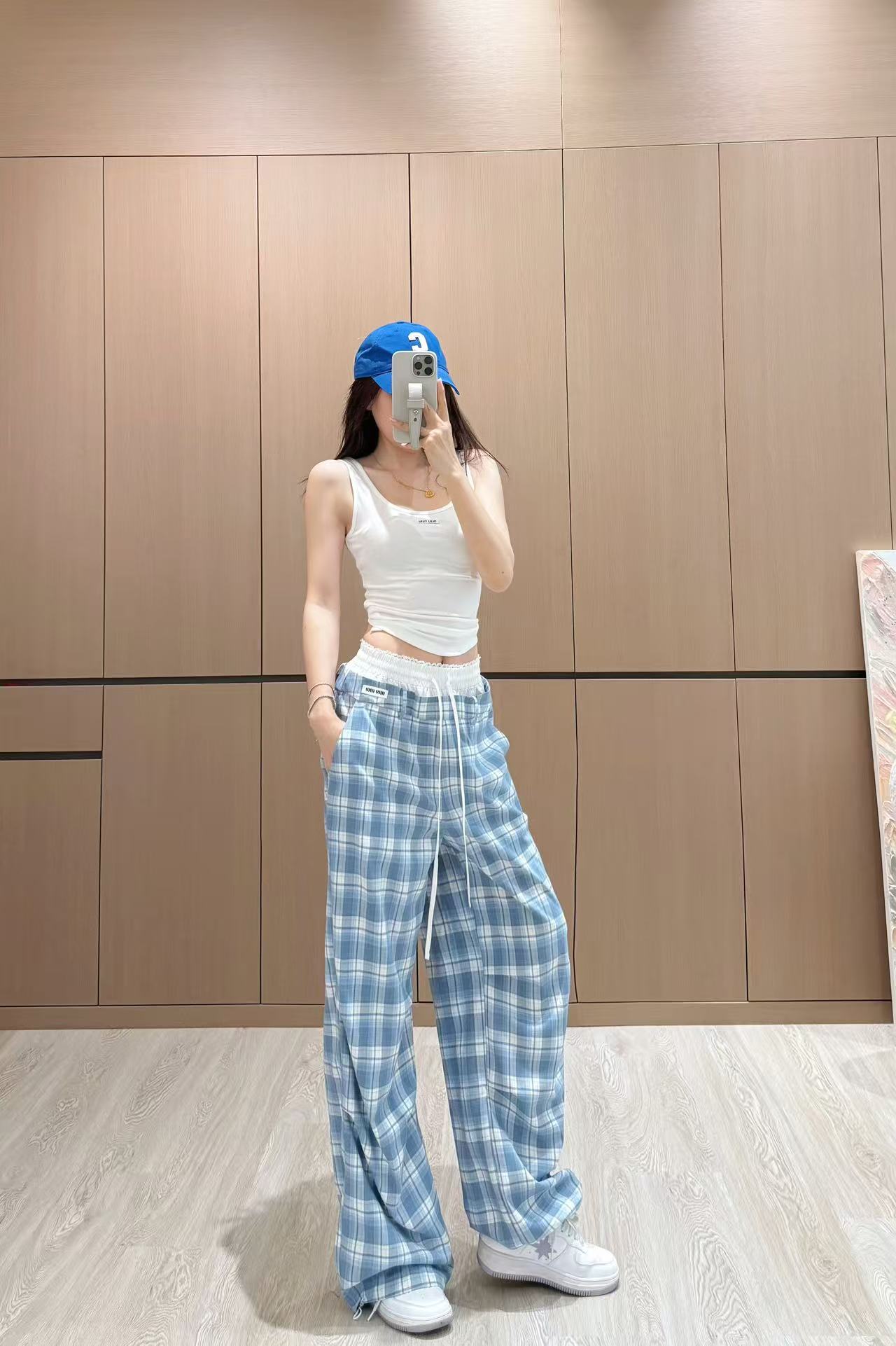 M style Double waist checked casual pants