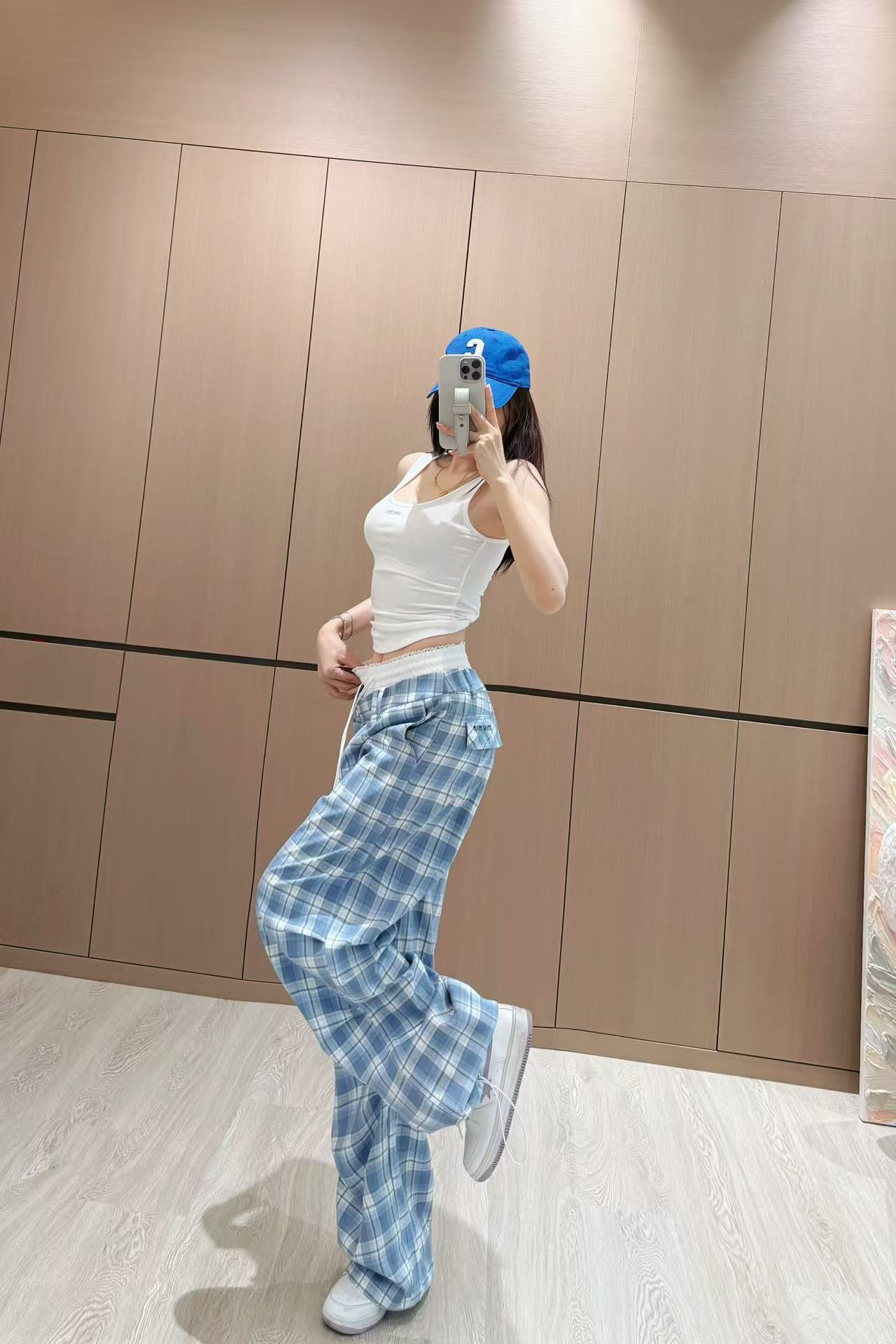 M style Double waist checked casual pants