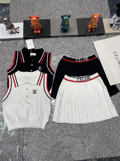 C style Polo collar vest pleated skirt knitted two-piece suit