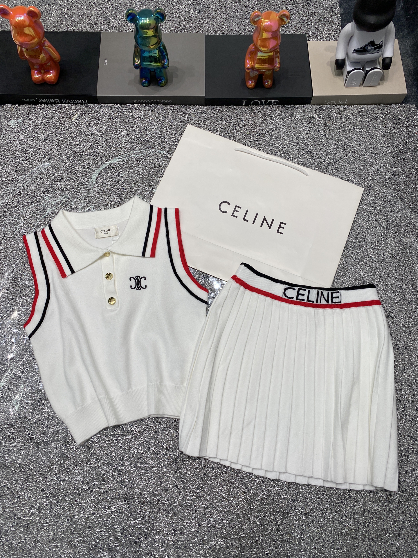 C style Polo collar vest pleated skirt knitted two-piece suit