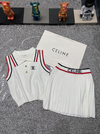 C style Polo collar vest pleated skirt knitted two-piece suit