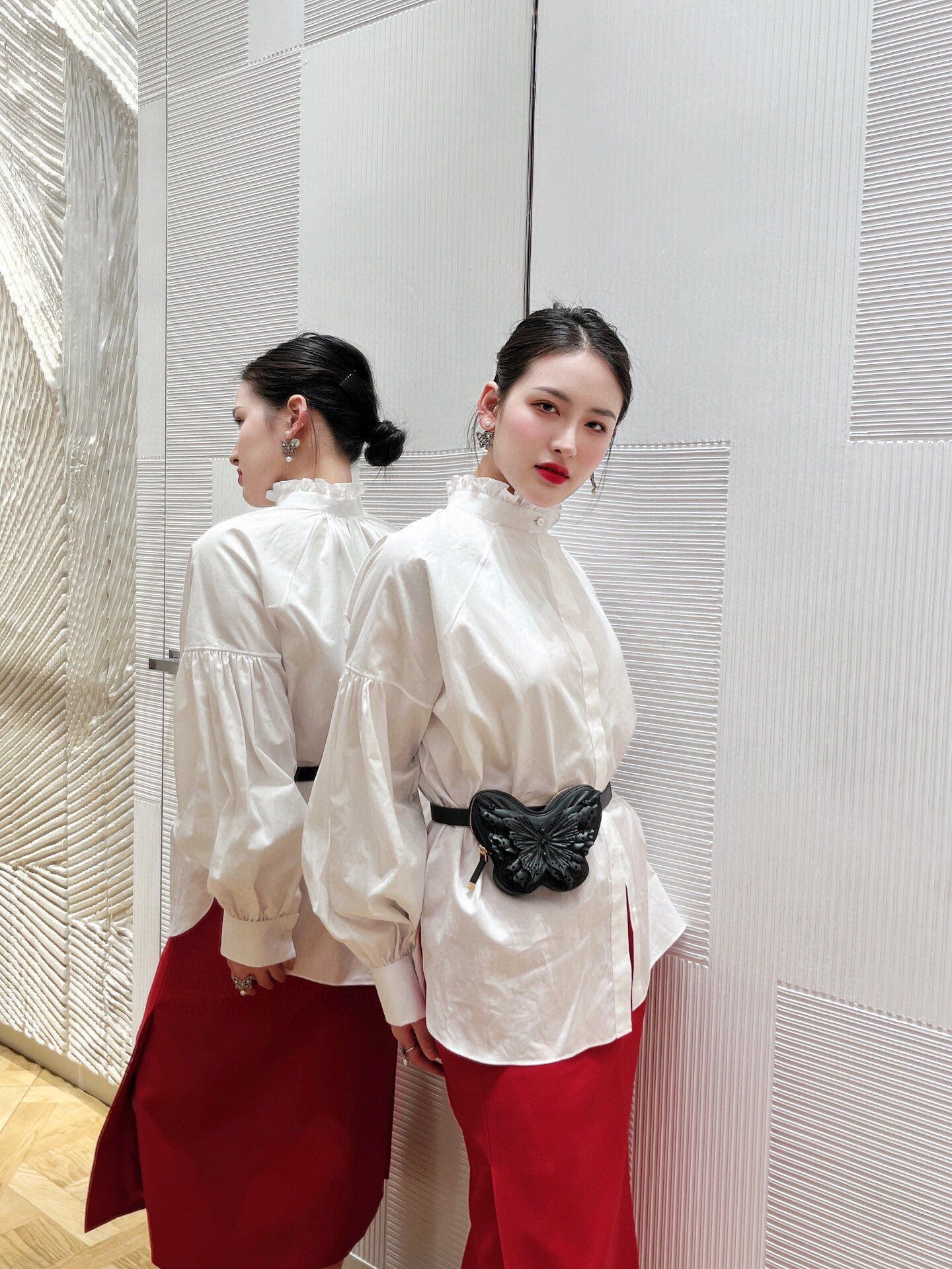 D style Ruffled Stand Collar Long Sleeve Shirt