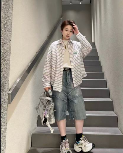 B style Blue and White Striped Tech Crepe Shirt