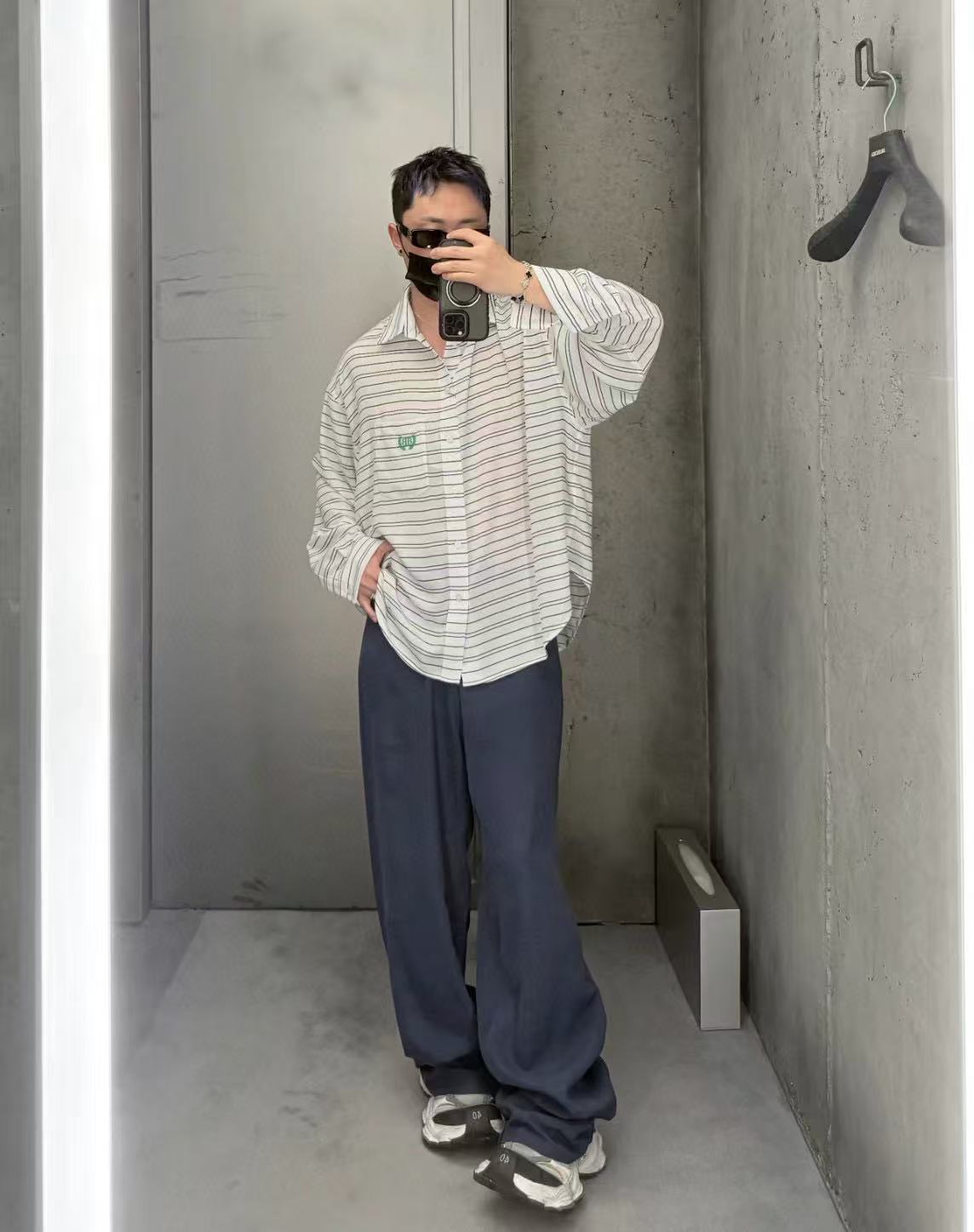 B style Blue and White Striped Tech Crepe Shirt