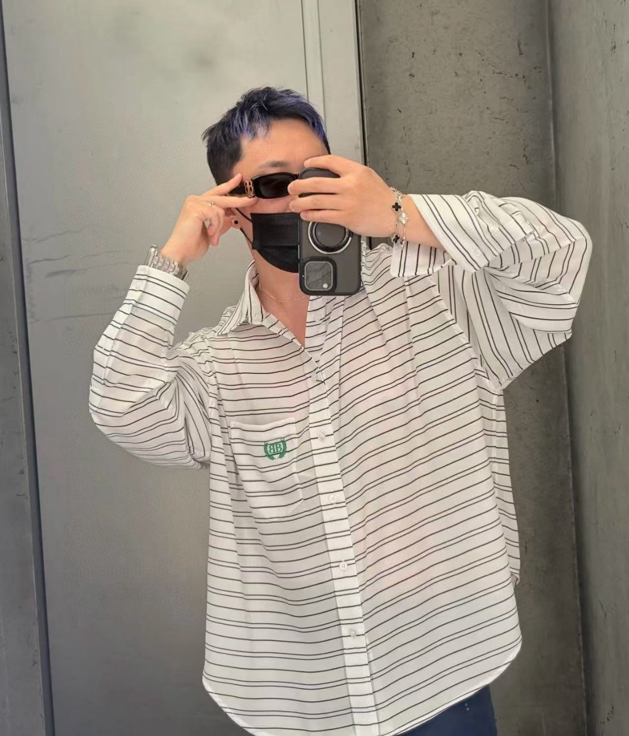 B style Blue and White Striped Tech Crepe Shirt