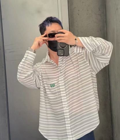 B style Blue and White Striped Tech Crepe Shirt