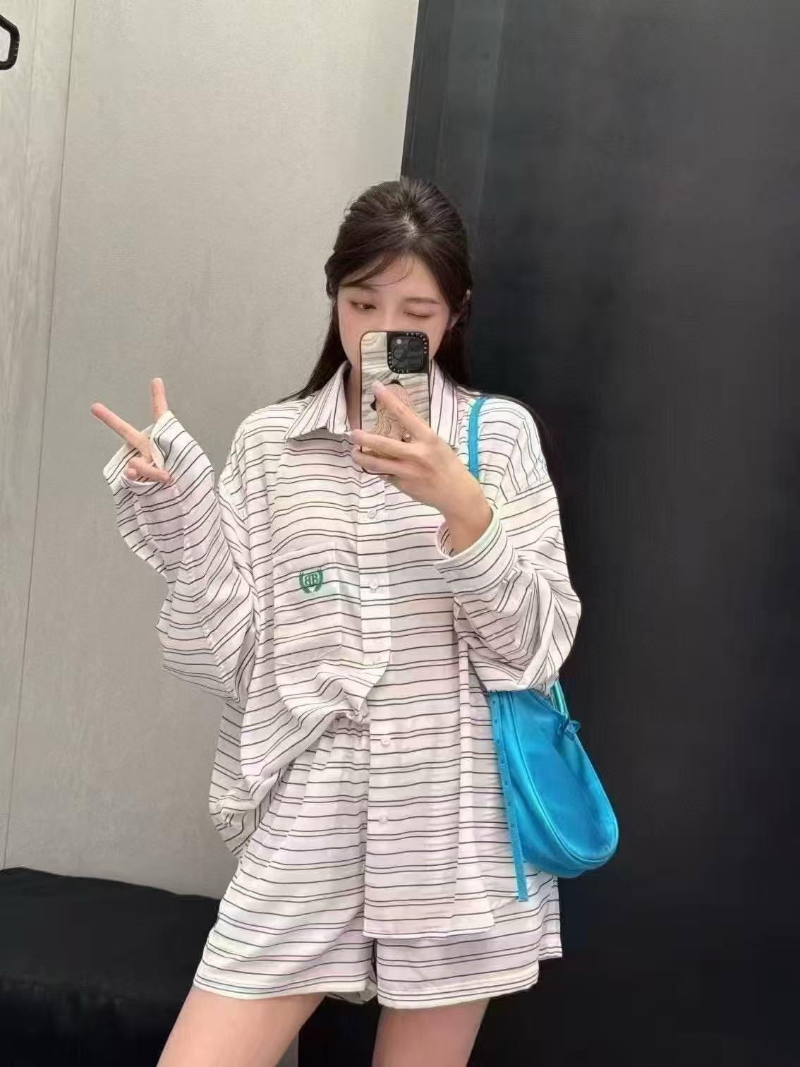 B style Blue and White Striped Tech Crepe Shirt