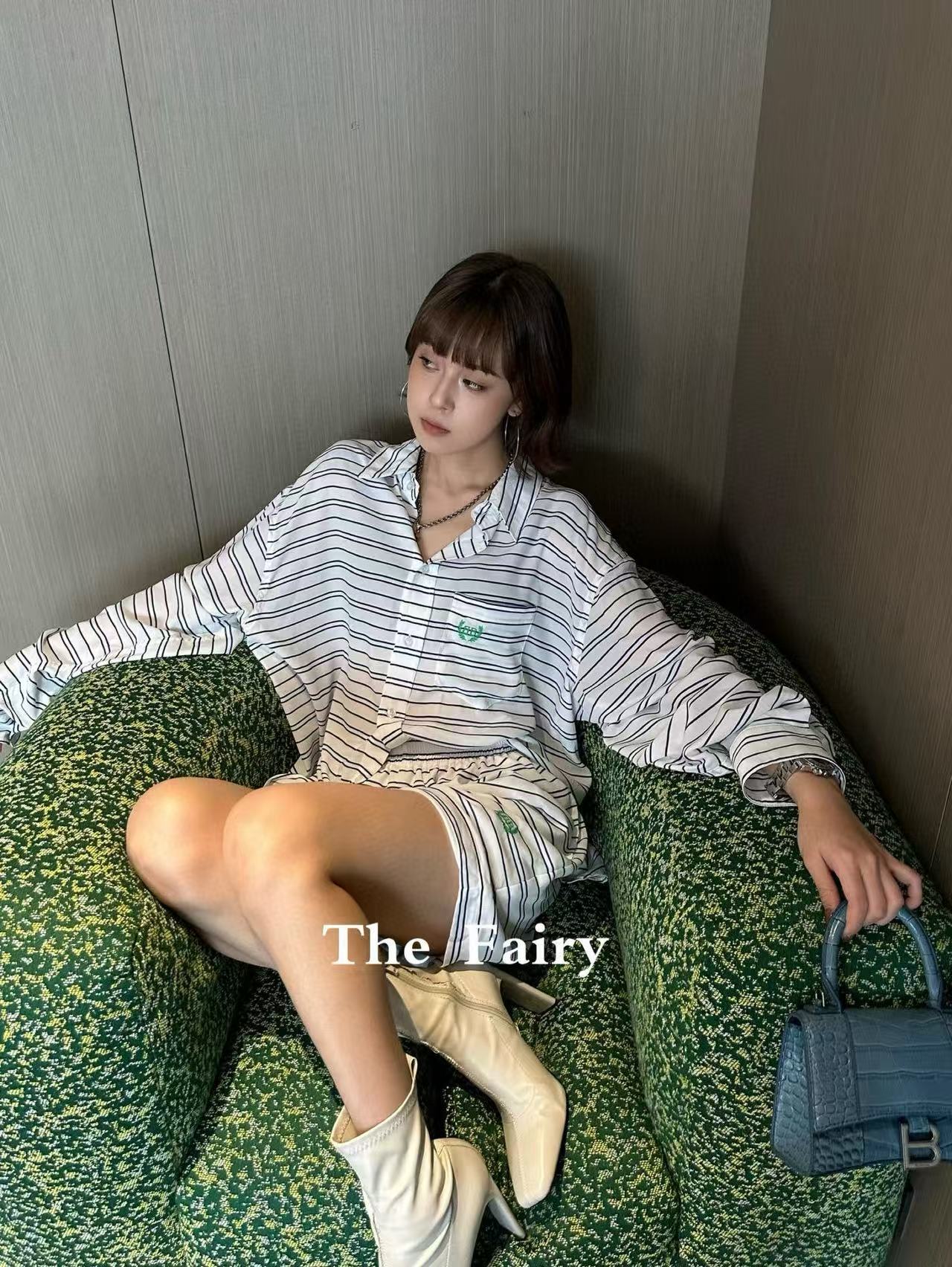 B style Blue and White Striped Tech Crepe Shirt