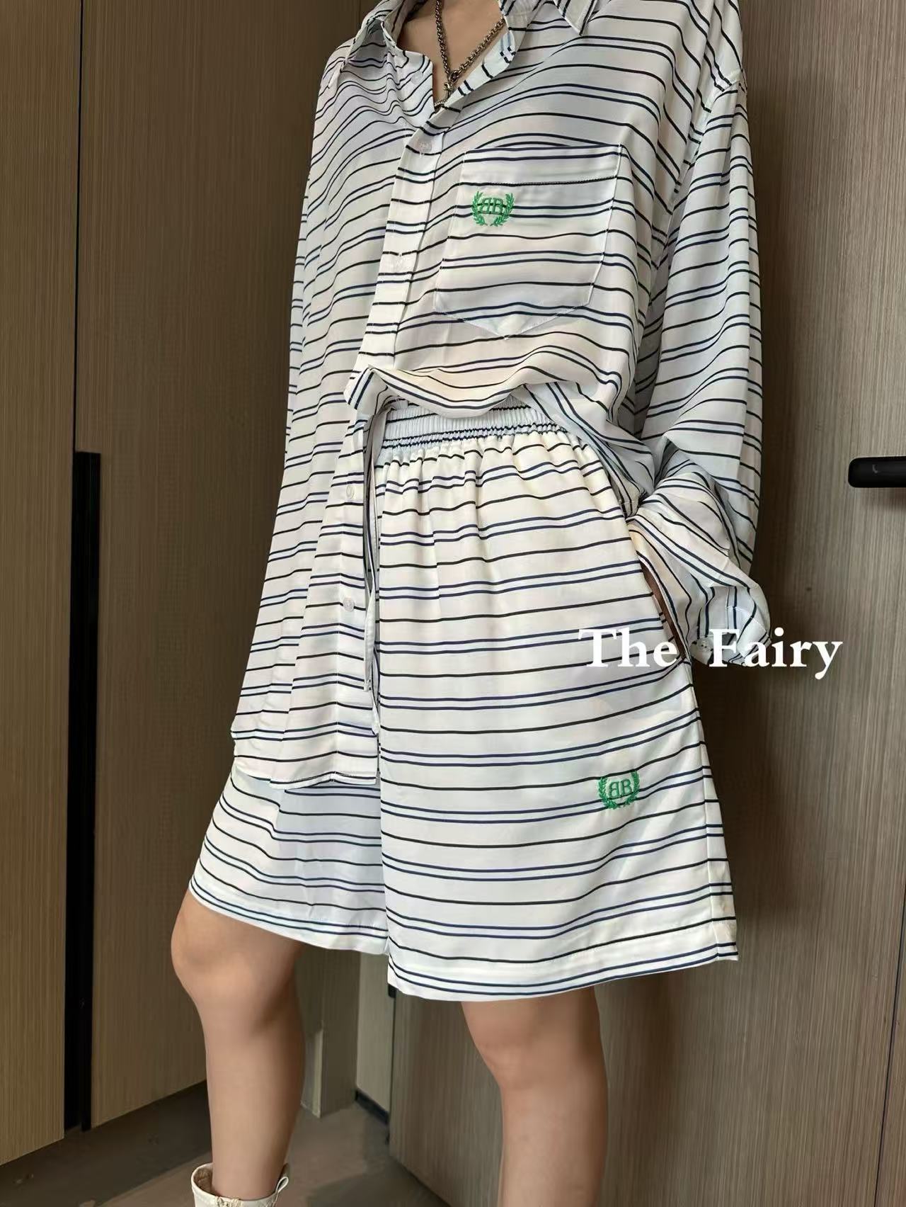 B style Blue and White Striped Tech Crepe Shirt