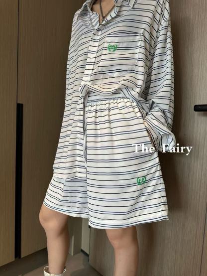 B style Blue and White Striped Tech Crepe Shirt