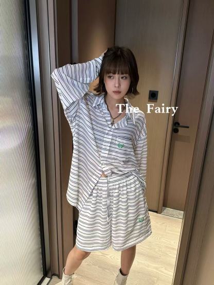 B style Blue and White Striped Tech Crepe Shirt