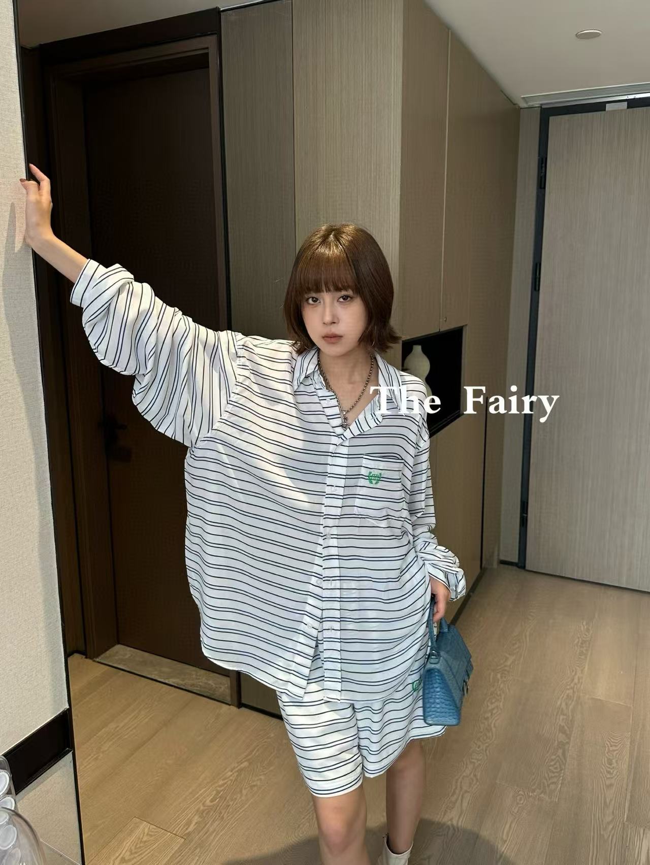 B style Blue and White Striped Tech Crepe Shirt