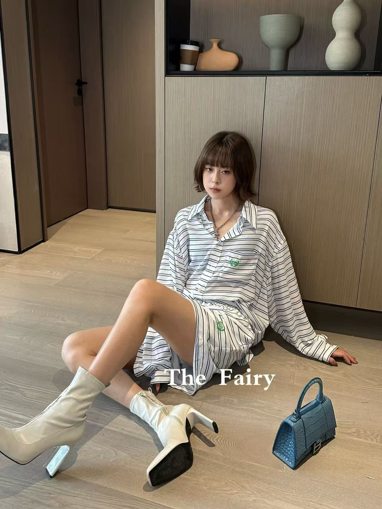 B style Blue and White Striped Tech Crepe Shirt