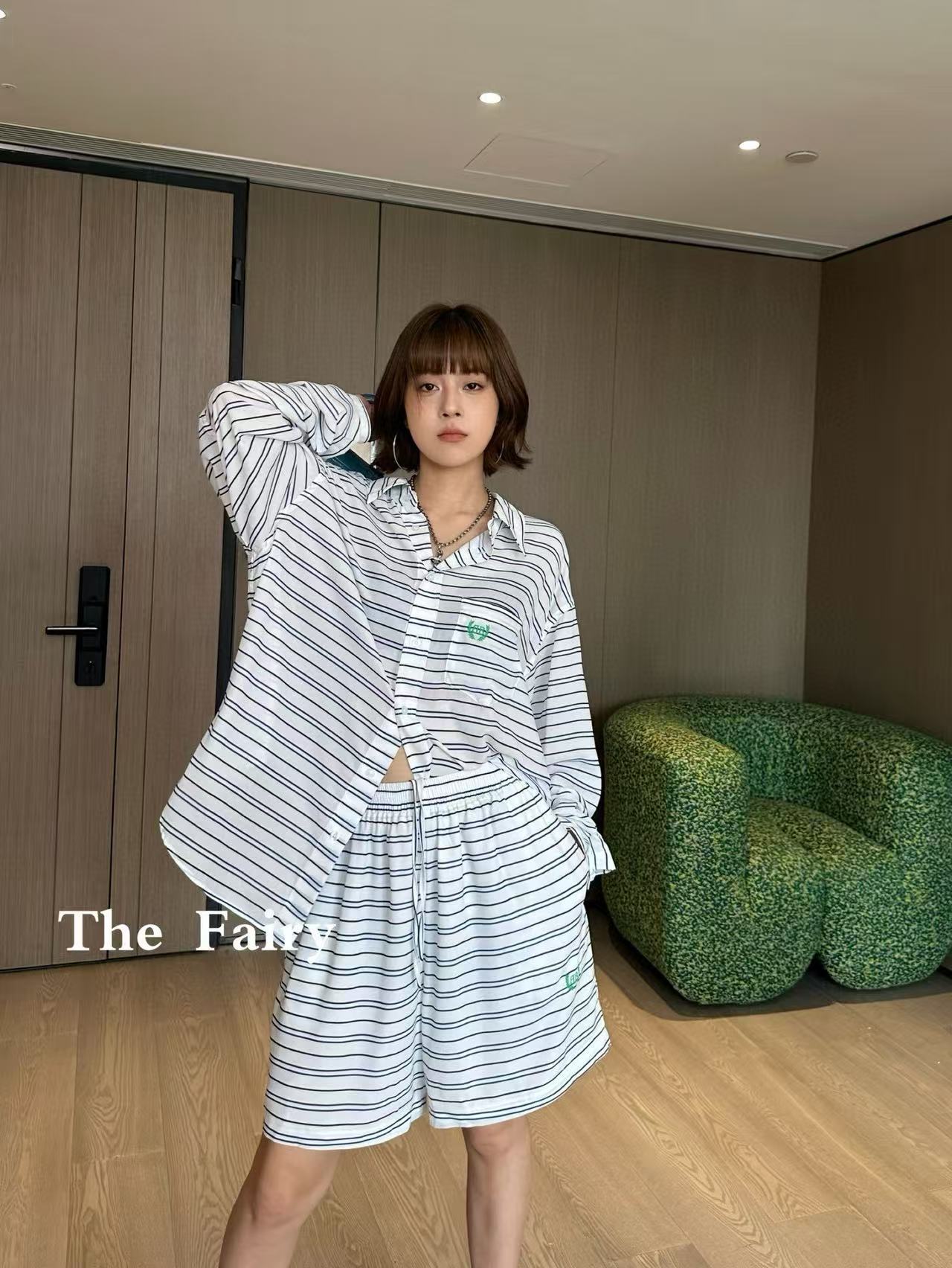 B style Blue and White Striped Tech Crepe Shirt