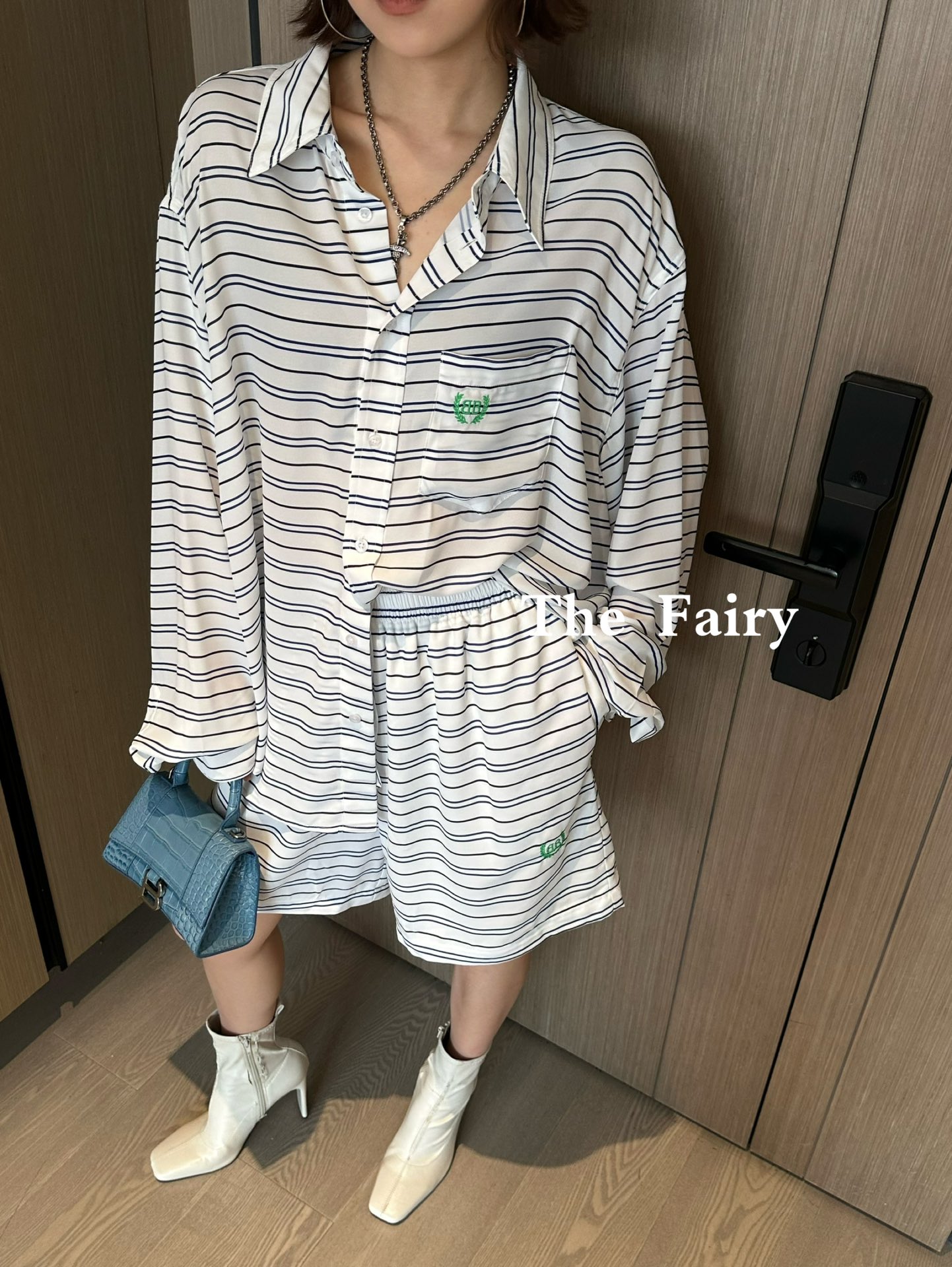 B style Blue and White Striped Tech Crepe Shirt