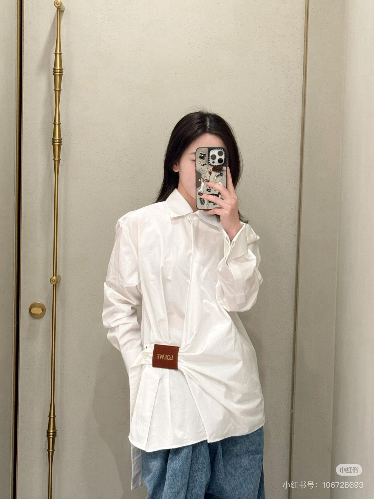 L style Irregular leather patch long-sleeved shirt