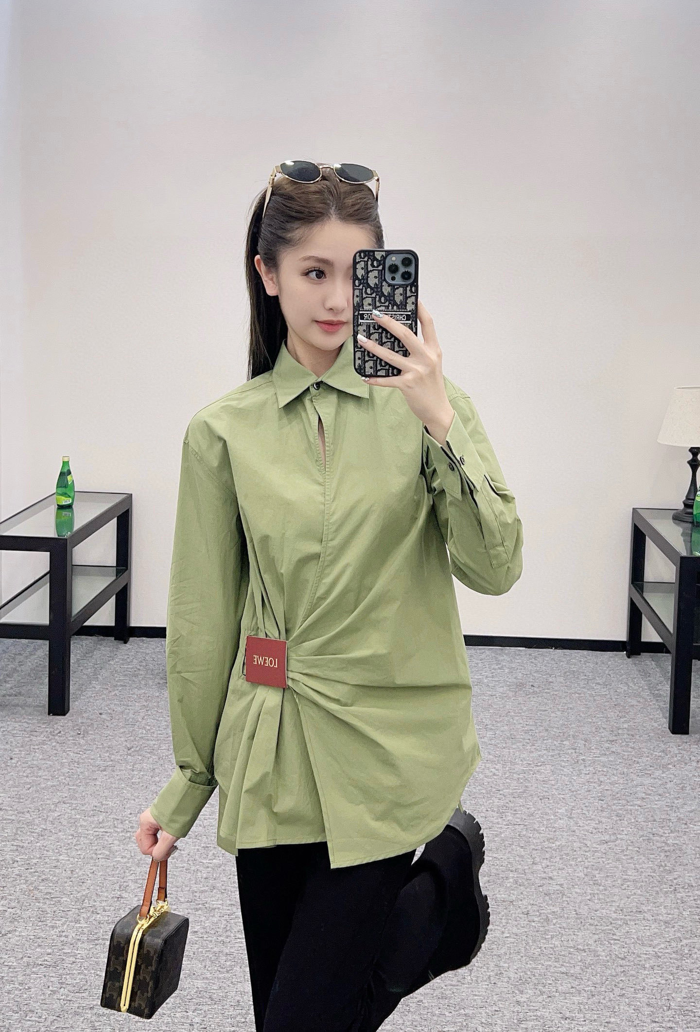 L style Irregular leather patch long-sleeved shirt