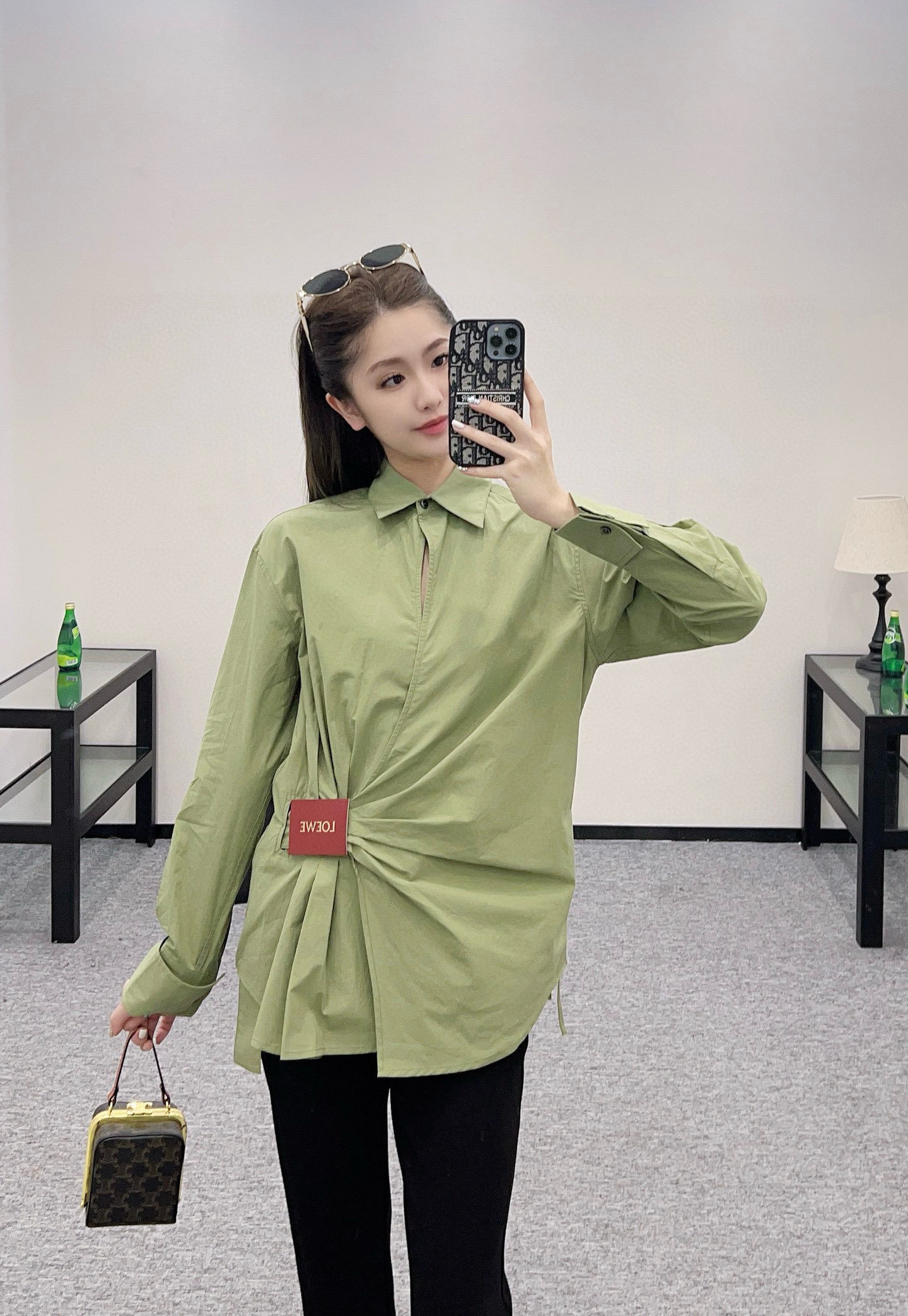 L style Irregular leather patch long-sleeved shirt