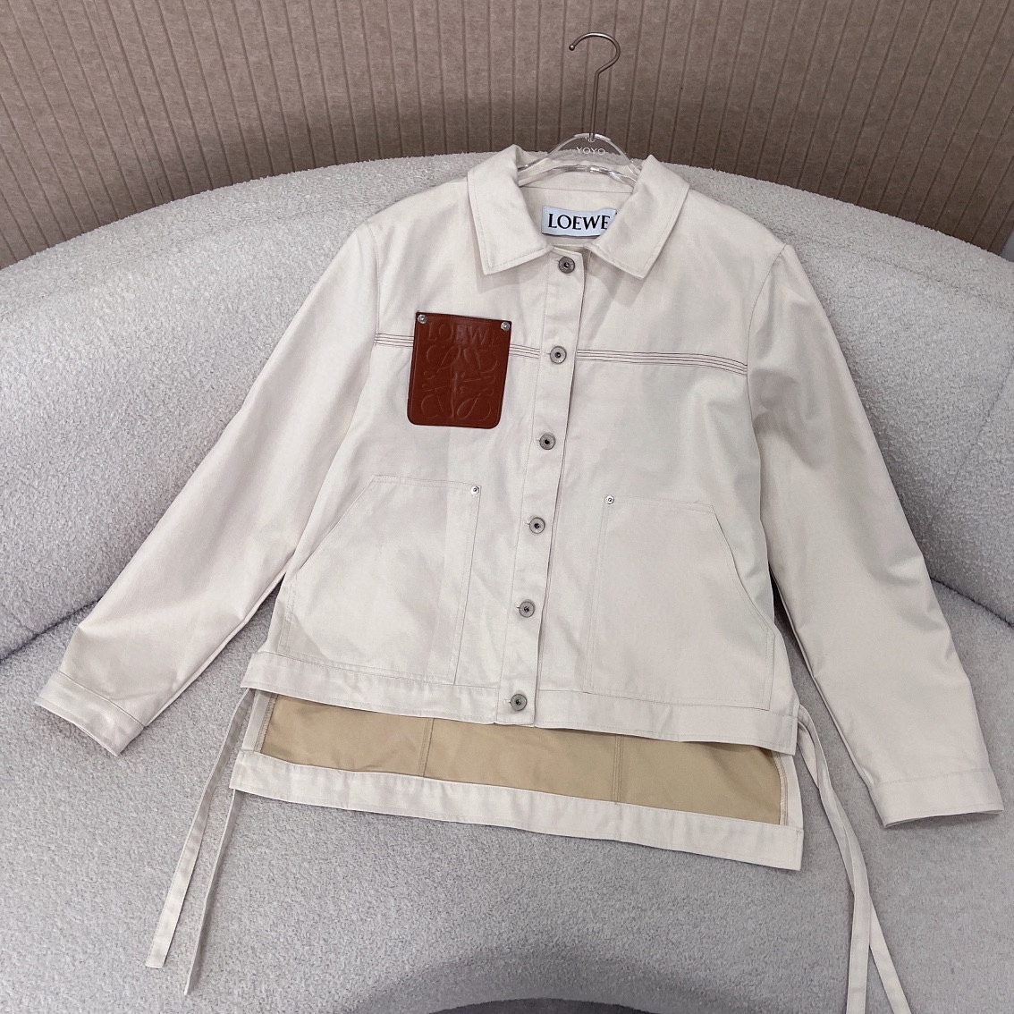 L style Denim jacket with leather patch pockets and lapel