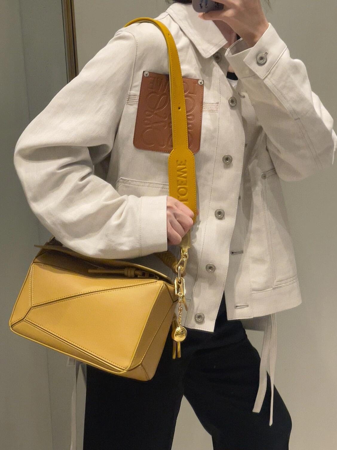 L style Denim jacket with leather patch pockets and lapel